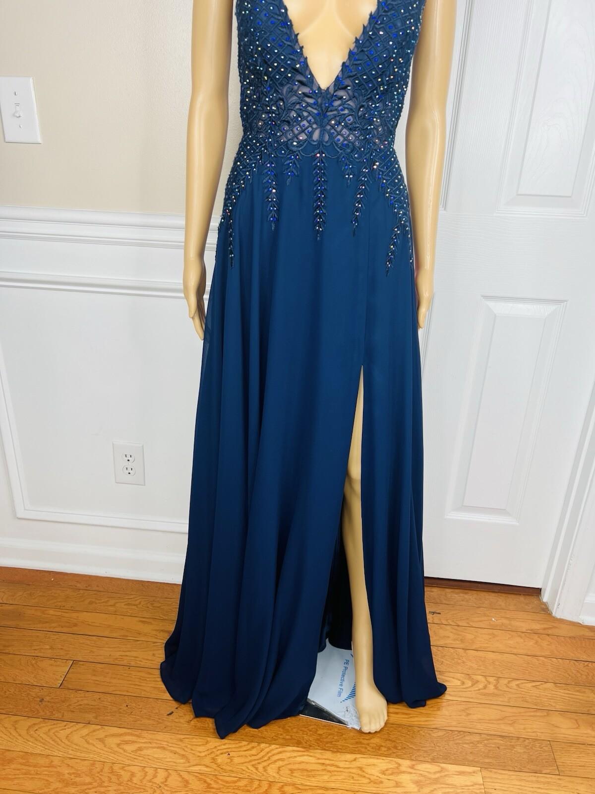10-3433.jpg Gianni Bini Evening Gown Size 9 Navy Blue Beaded Embroidered Low V Neck Cut Slit