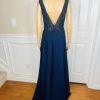 10-3434.jpg Gianni Bini Evening Gown Size 9 Navy Blue Beaded Embroidered Low V Neck Cut Slit