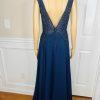 10-3435.jpg Gianni Bini Evening Gown Size 9 Navy Blue Beaded Embroidered Low V Neck Cut Slit