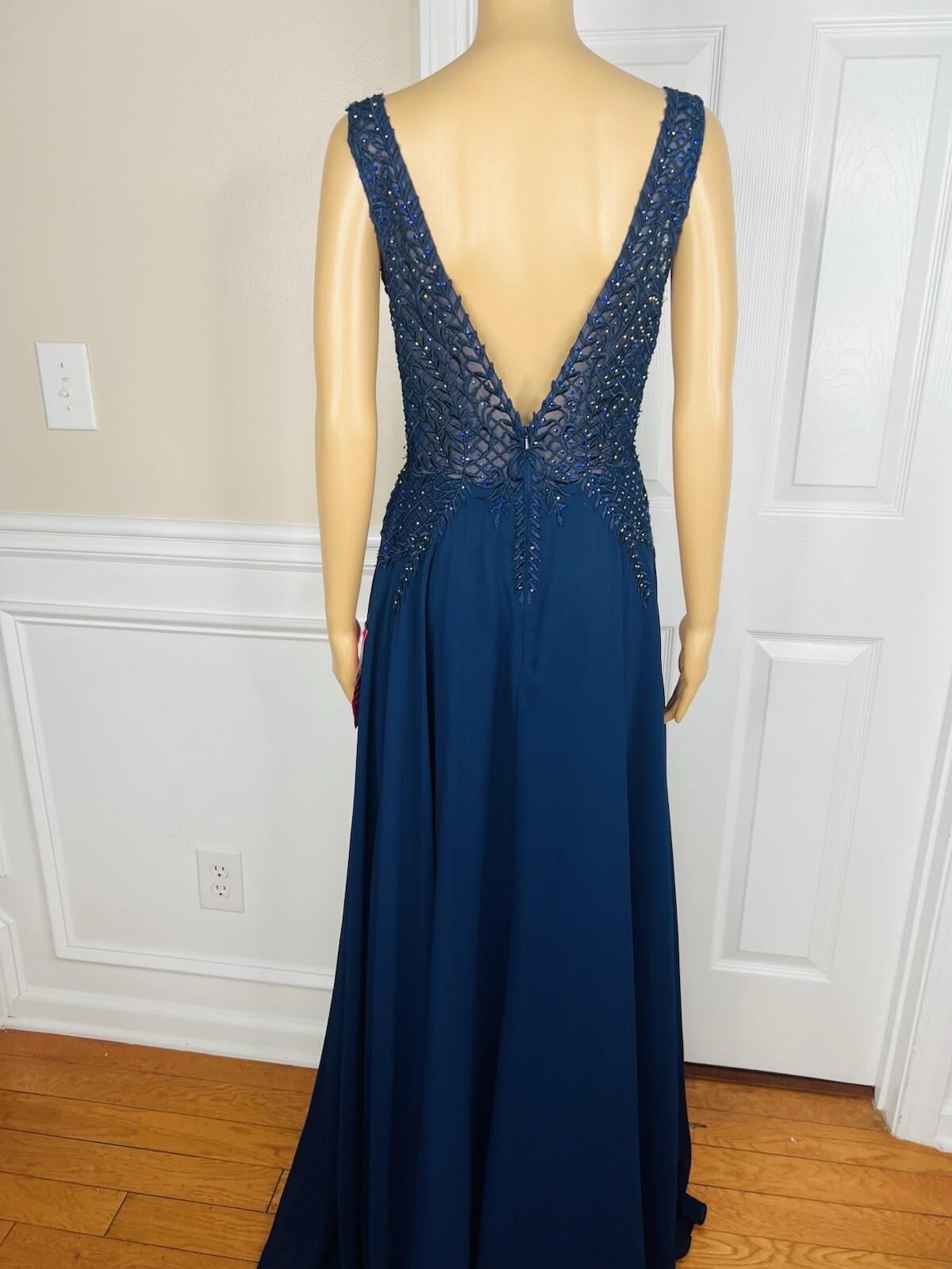 10-3435.jpg Gianni Bini Evening Gown Size 9 Navy Blue Beaded Embroidered Low V Neck Cut Slit