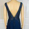 10-3436.jpg Gianni Bini Evening Gown Size 9 Navy Blue Beaded Embroidered Low V Neck Cut Slit