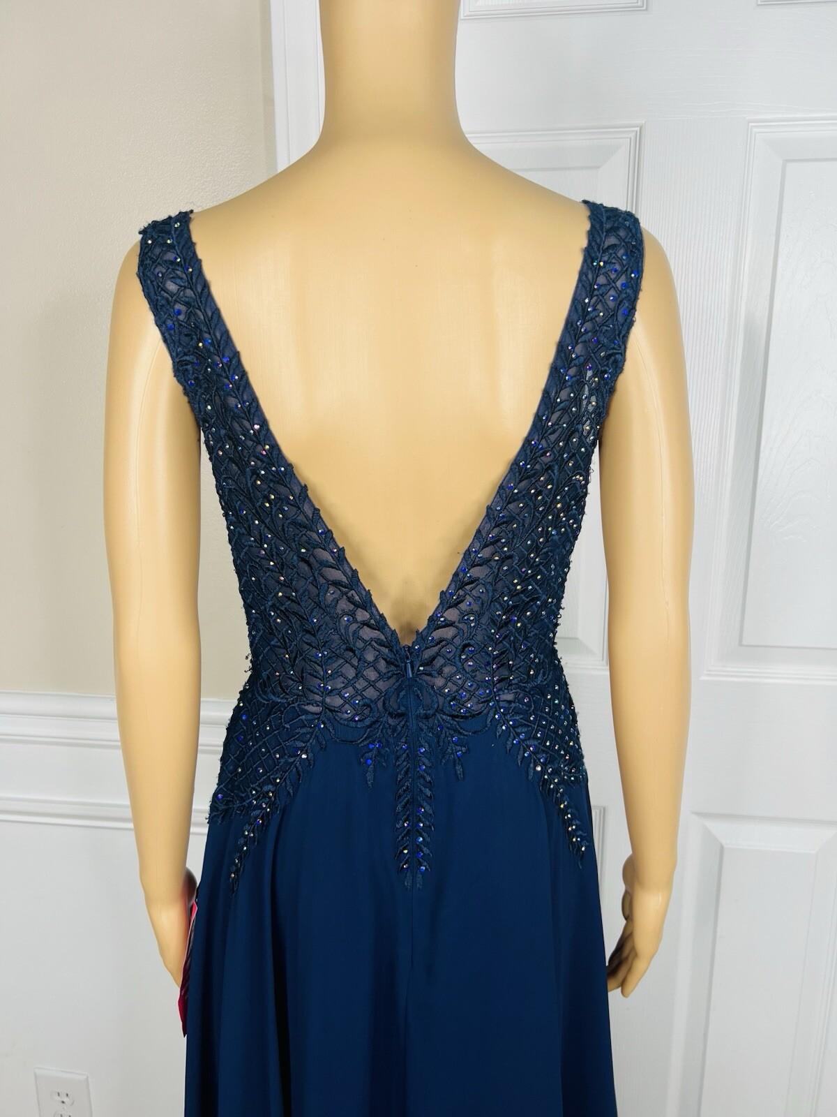 10-3436.jpg Gianni Bini Evening Gown Size 9 Navy Blue Beaded Embroidered Low V Neck Cut Slit
