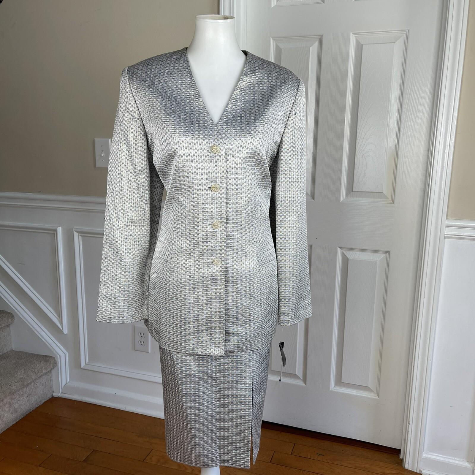 New LE SUIT 2PC Silver Blue Acetate Metallic Blend Collarless Skirt Suit SZ 12