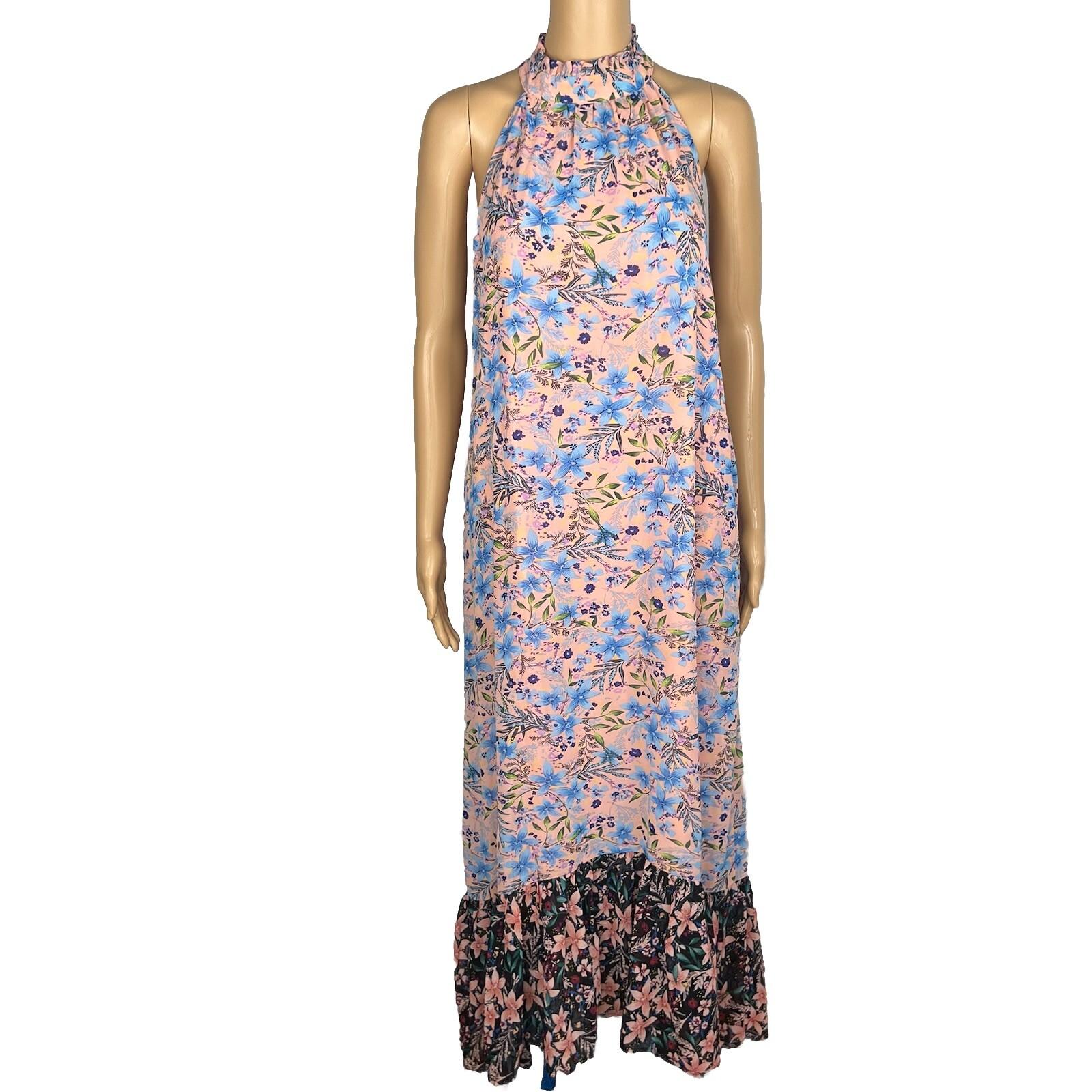 10-3449.jpg Code x Mode Floral Maxi Dress Size S Ruffle Hem Prairie High Neck Sleeveless New