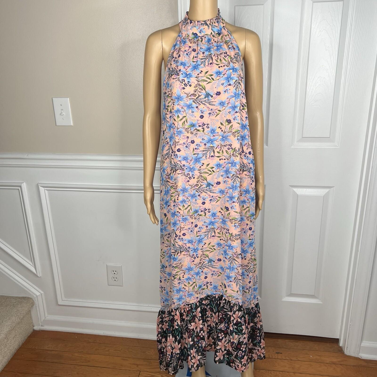 10-3451.jpg Code x Mode Floral Maxi Dress Size S Ruffle Hem Prairie High Neck Sleeveless New