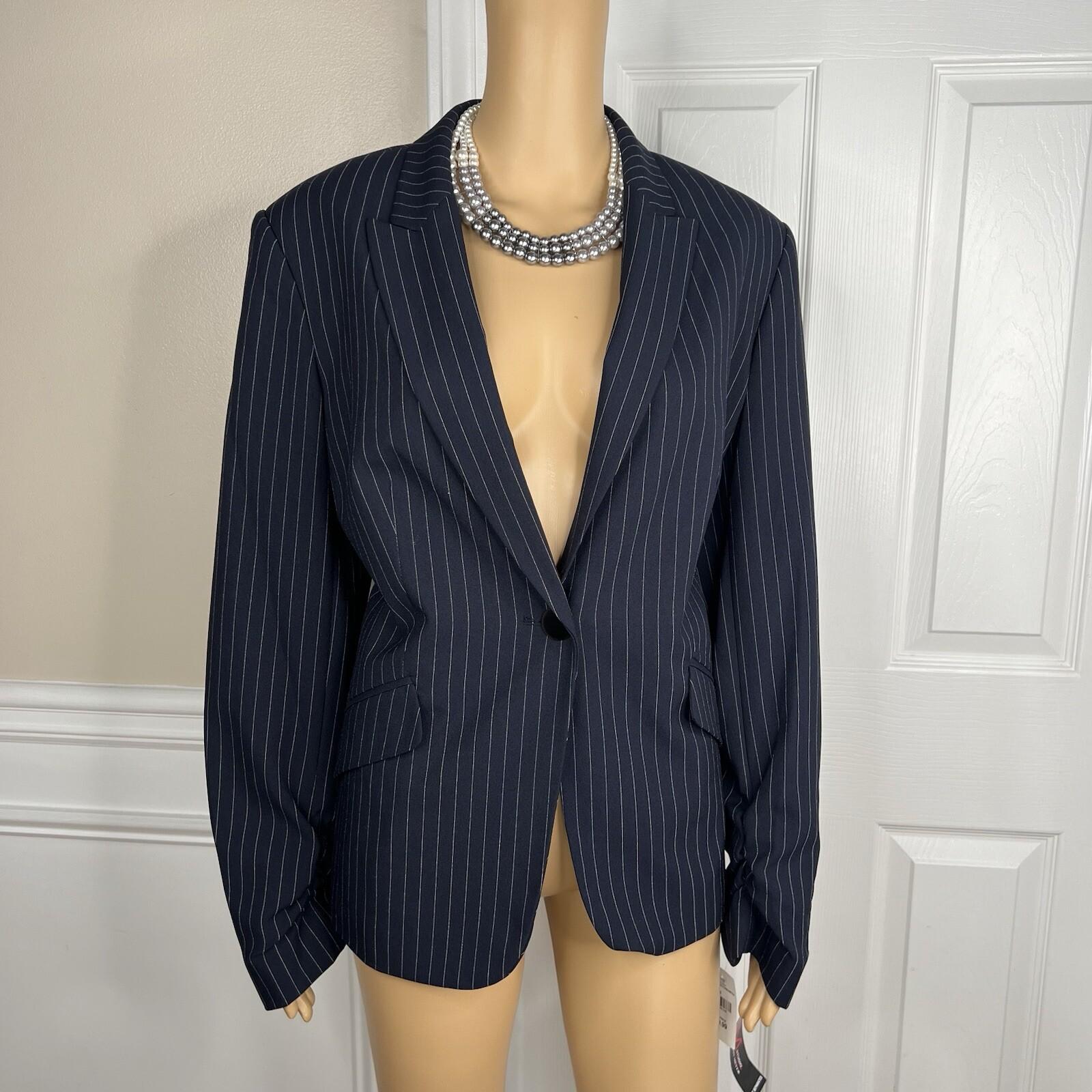 John Meyer Polyester Viscose Pant Suit 14 Navy Blue Striped Peak Collar 2PC New
