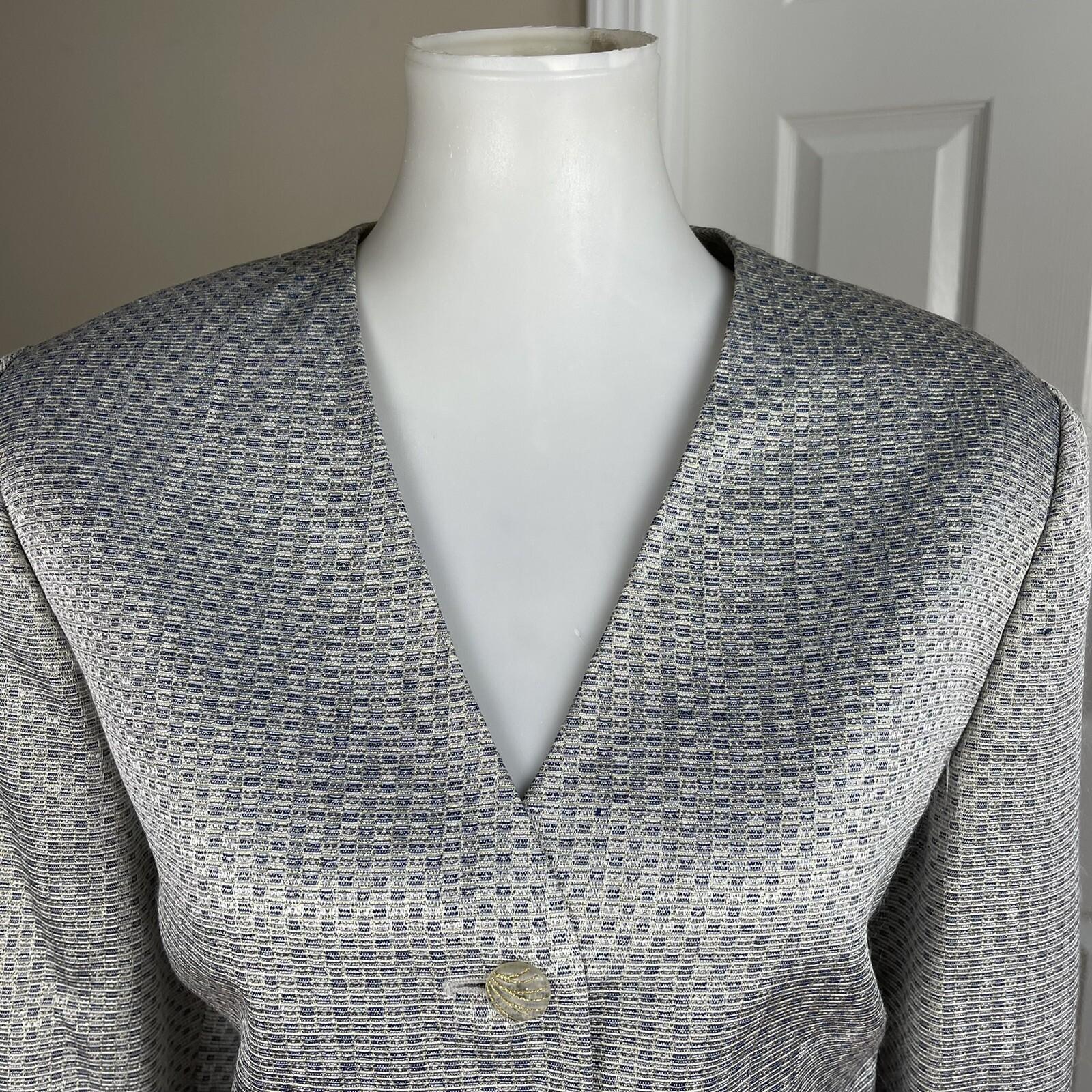 New LE SUIT 2PC Silver Blue Acetate Metallic Blend Collarless Skirt Suit SZ 12