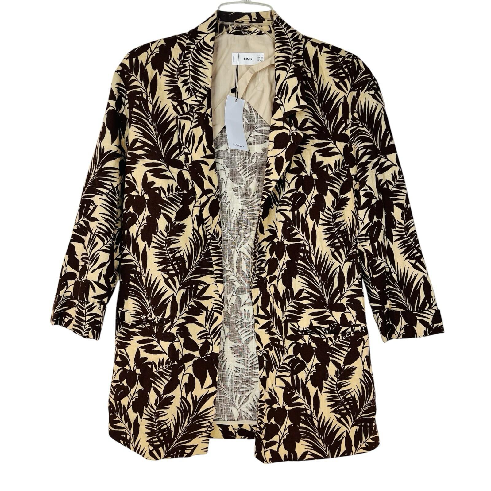 MANGO Linen Oversized Cardigan XS Tropical Print Blazer 3/4 Sleeve Brown Leaf