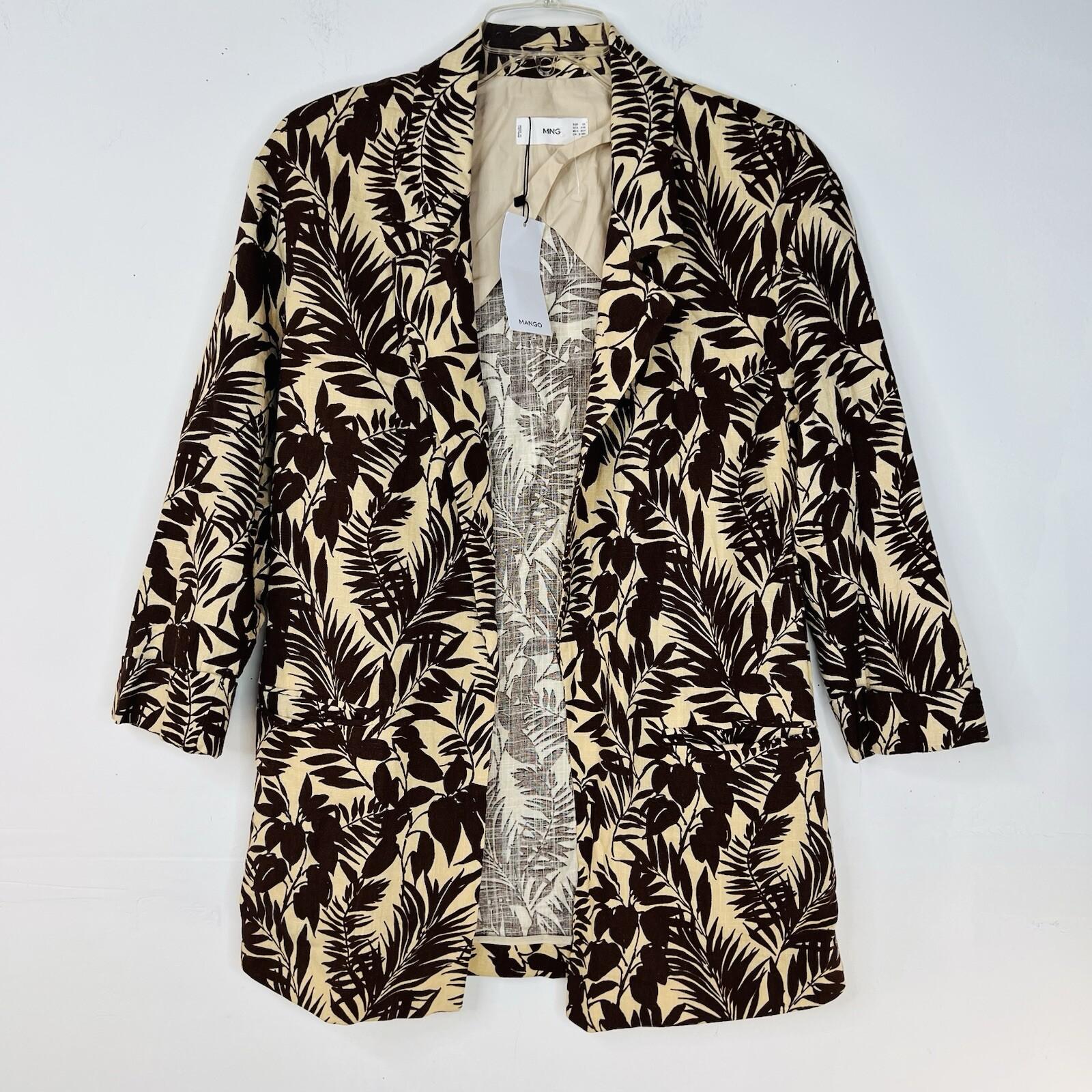 MANGO Linen Oversized Cardigan XS Tropical Print Blazer 3/4 Sleeve Brown Leaf