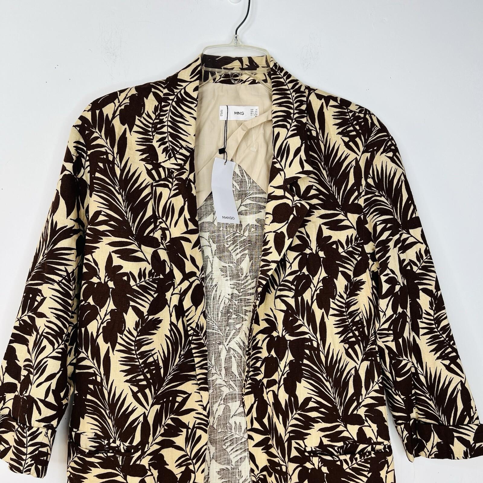 MANGO Linen Oversized Cardigan XS Tropical Print Blazer 3/4 Sleeve Brown Leaf
