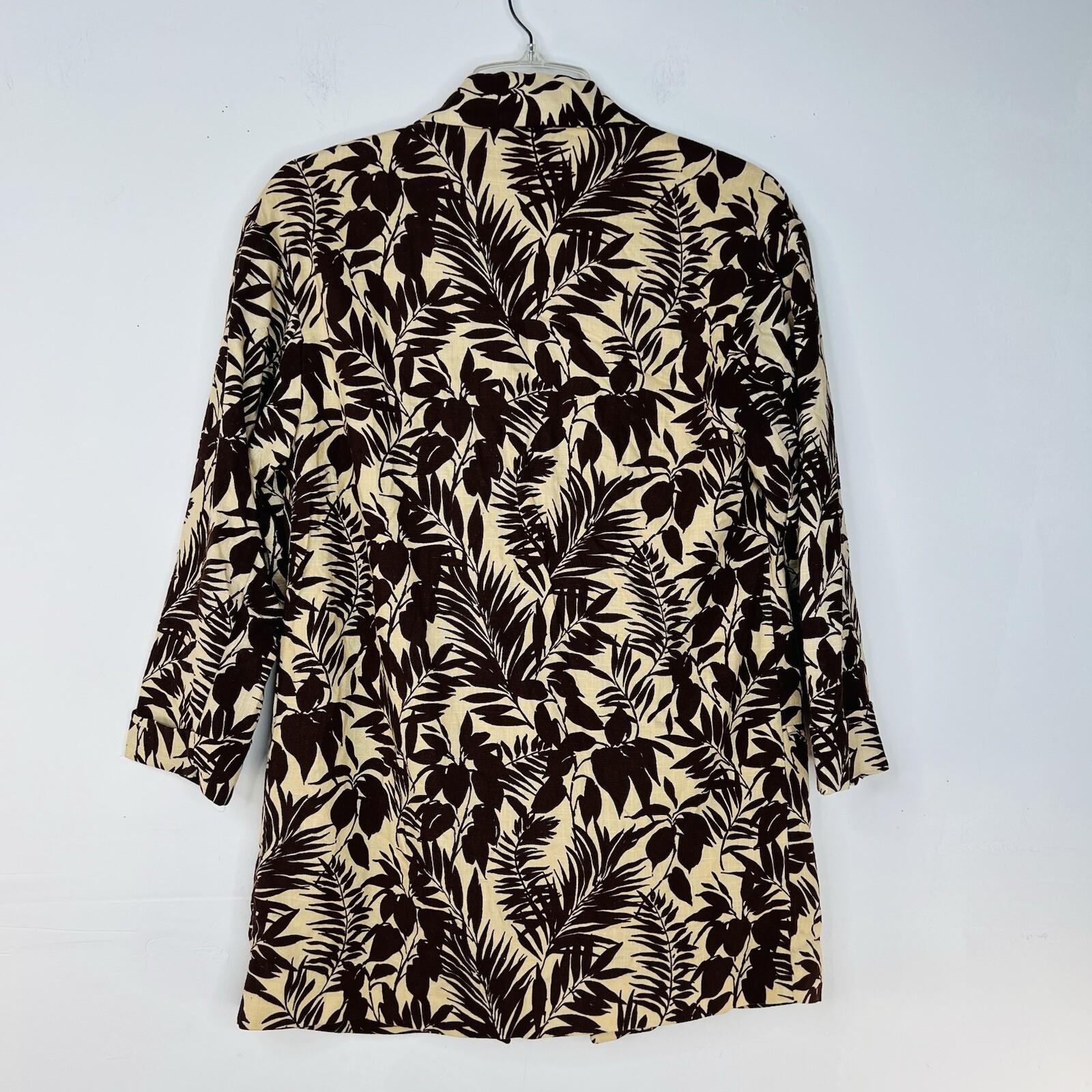 MANGO Linen Oversized Cardigan XS Tropical Print Blazer 3/4 Sleeve Brown Leaf