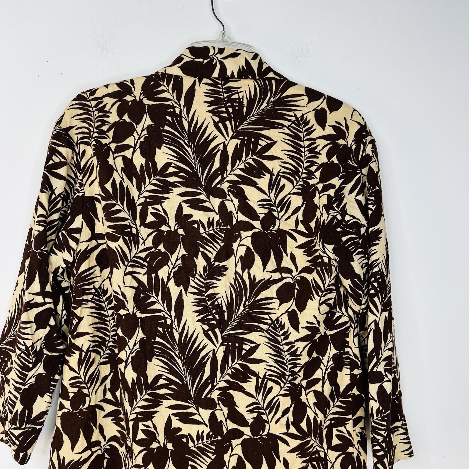 MANGO Linen Oversized Cardigan XS Tropical Print Blazer 3/4 Sleeve Brown Leaf