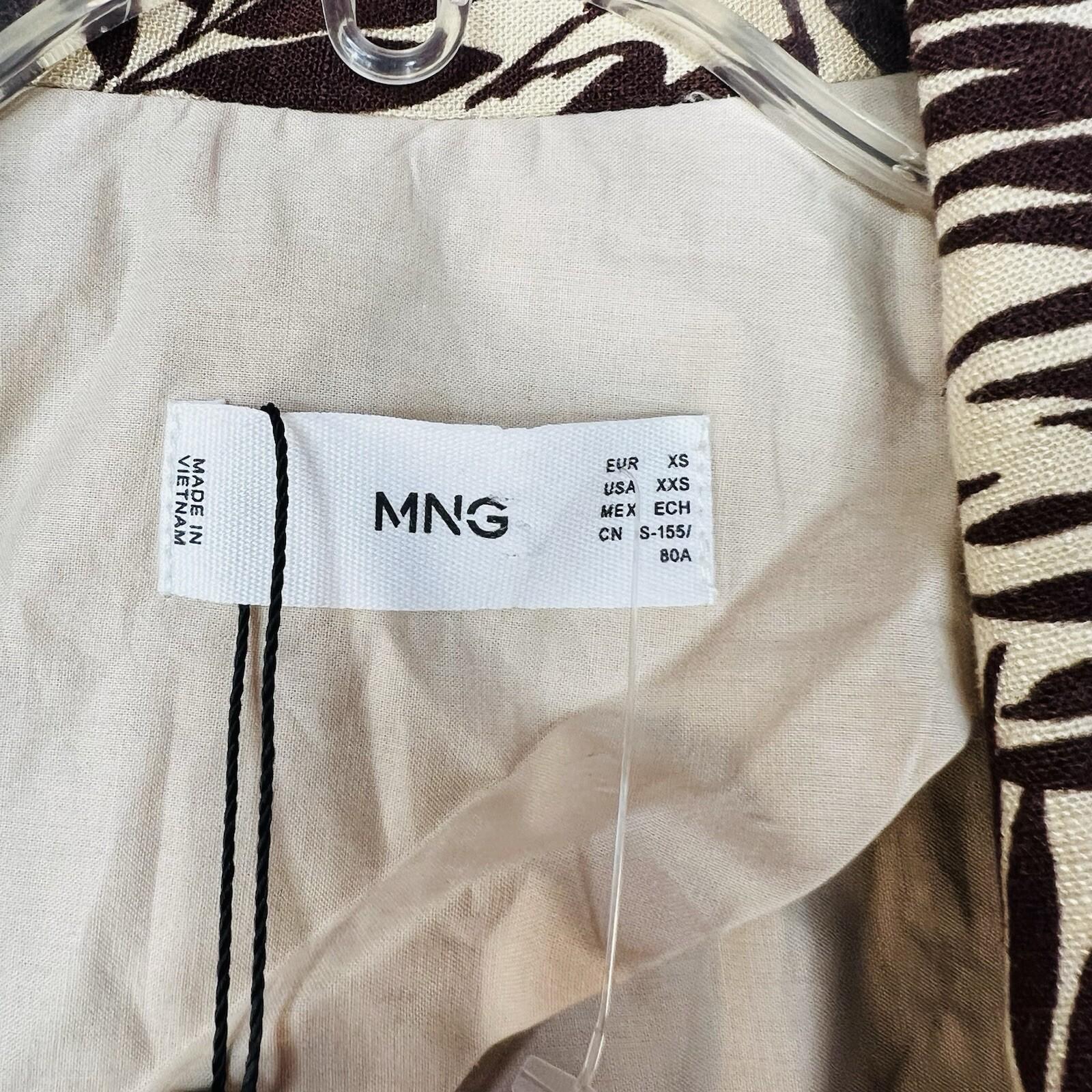 MANGO Linen Oversized Cardigan XS Tropical Print Blazer 3/4 Sleeve Brown Leaf