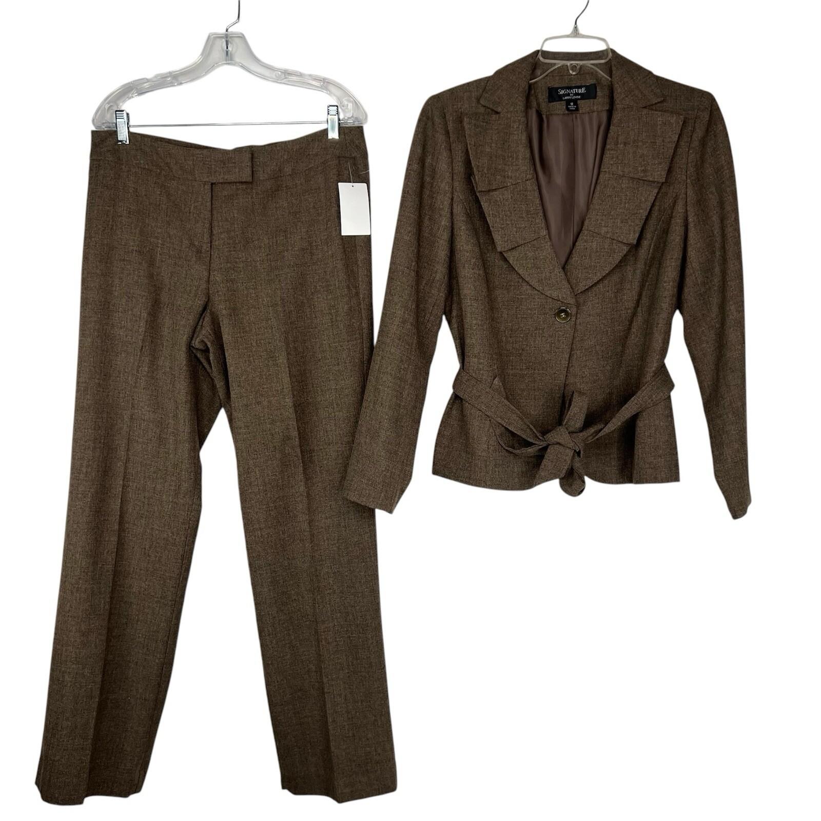 10-3494.jpg Larry Levine Polyester Rayon Spandex Pant Suit 12 Camel Belted Business 2PC New