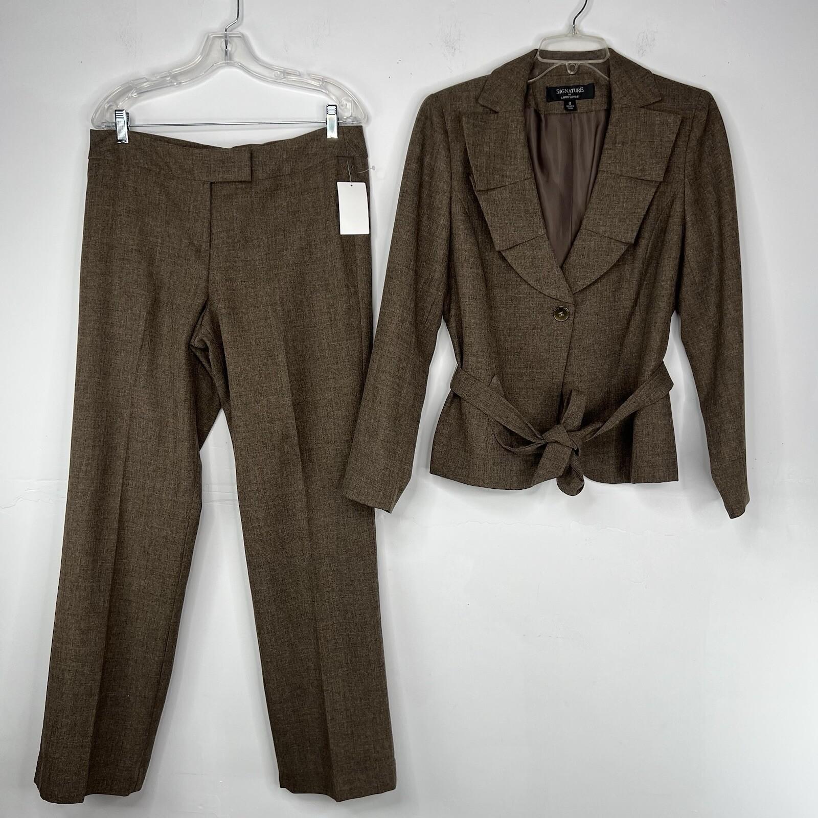 10-3495.jpg Larry Levine Polyester Rayon Spandex Pant Suit 12 Camel Belted Business 2PC New