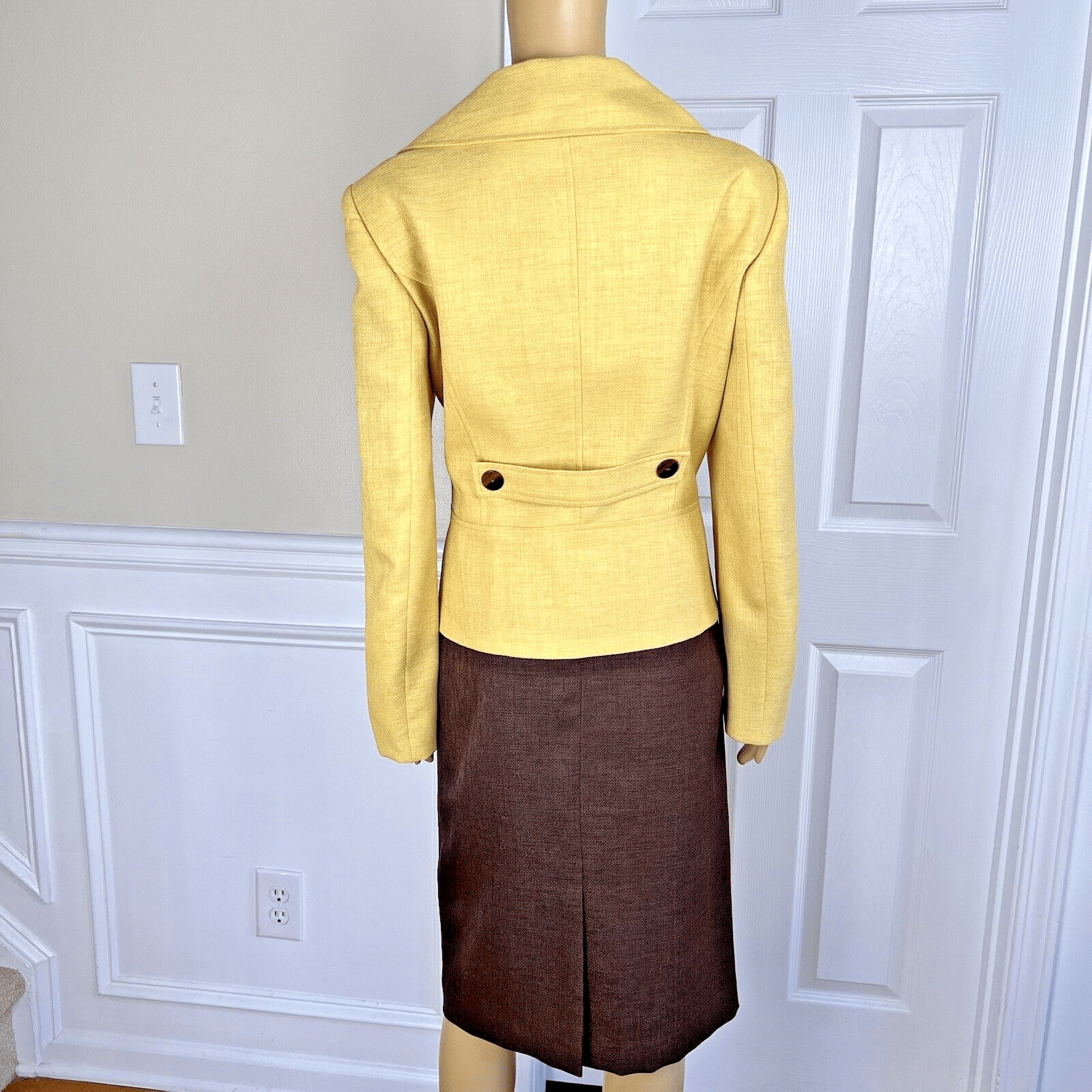 Le Suit Polyester Skirt Suit 14 Yellow Brown Double Breasted Wide Collar 2PC
