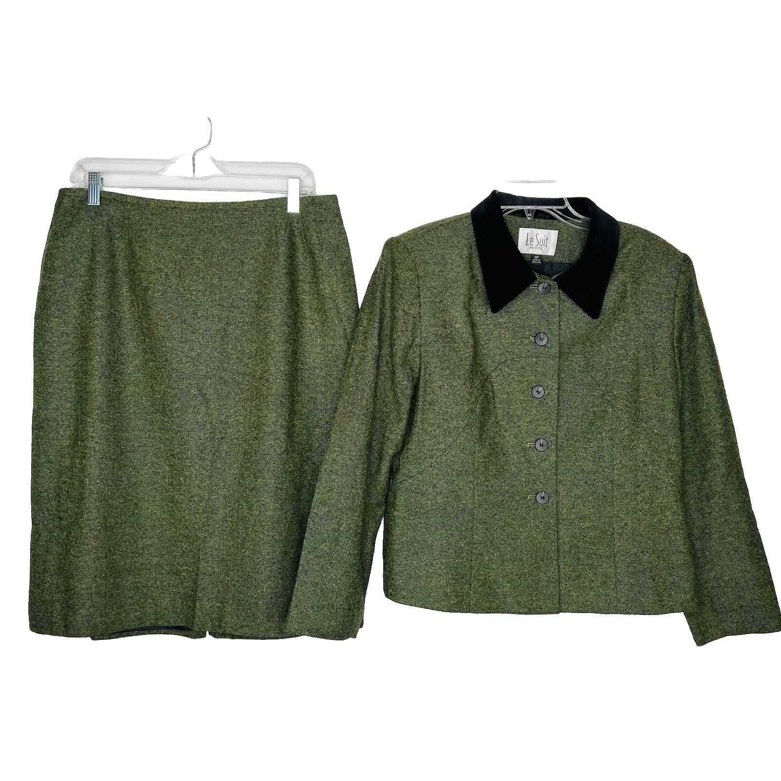 Le Suit Women Tweed Skirt Suit Size 14P Green Velvet Collar Lined Cocktail 2PC