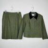 Le Suit Women Tweed Skirt Suit Size 14P Green Velvet Collar Lined Cocktail 2PC
