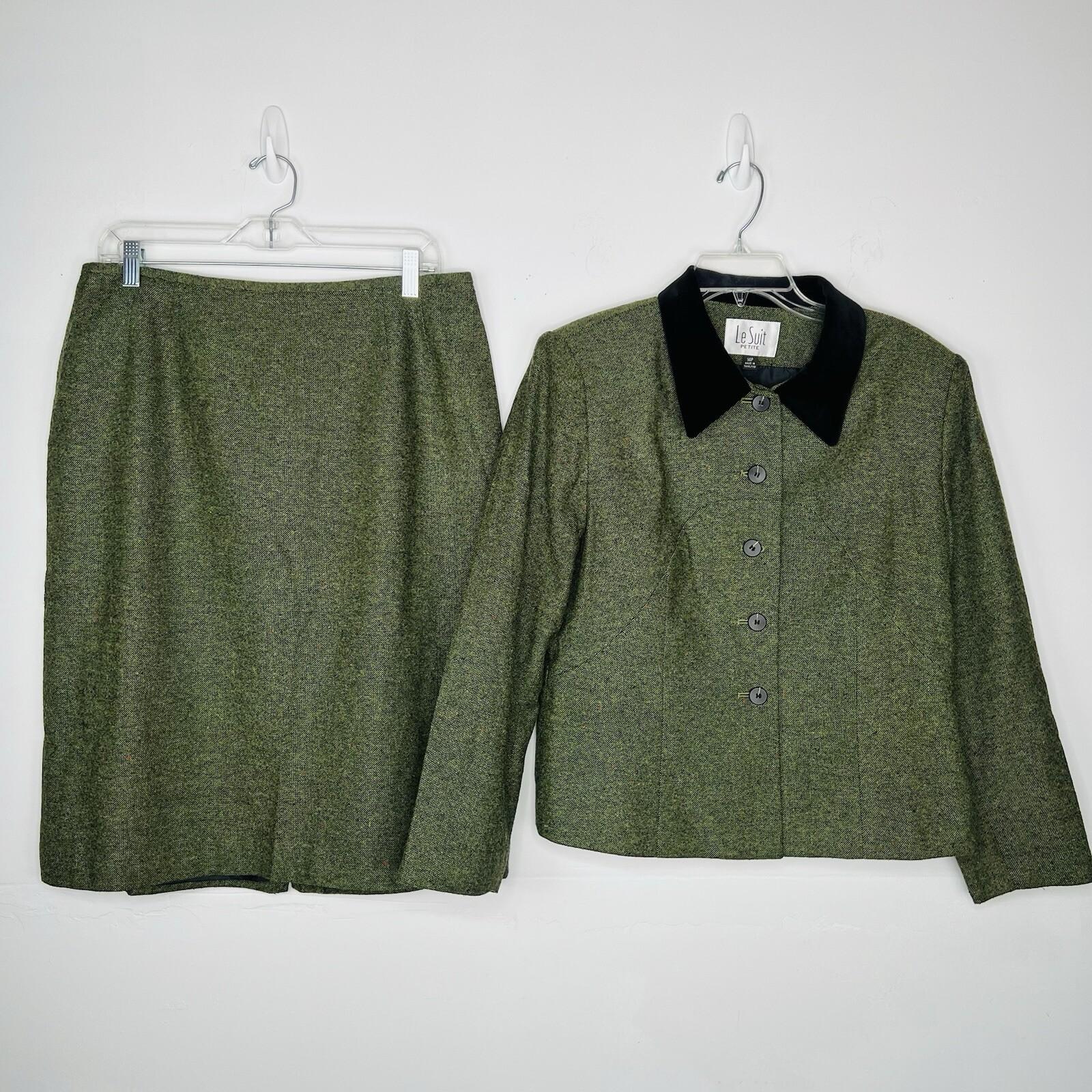 Le Suit Women Tweed Skirt Suit Size 14P Green Velvet Collar Lined Cocktail 2PC