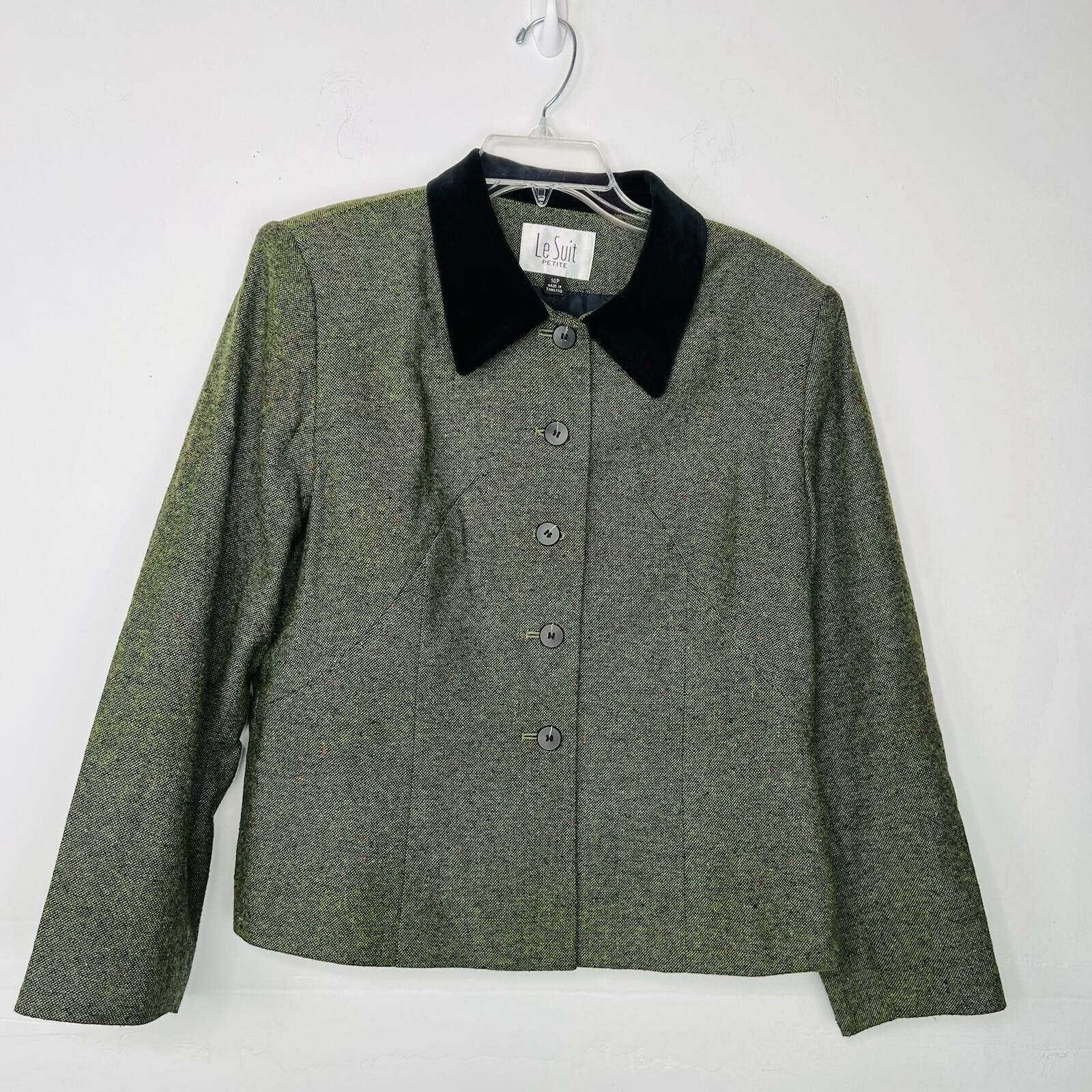 Le Suit Women Tweed Skirt Suit Size 14P Green Velvet Collar Lined Cocktail 2PC