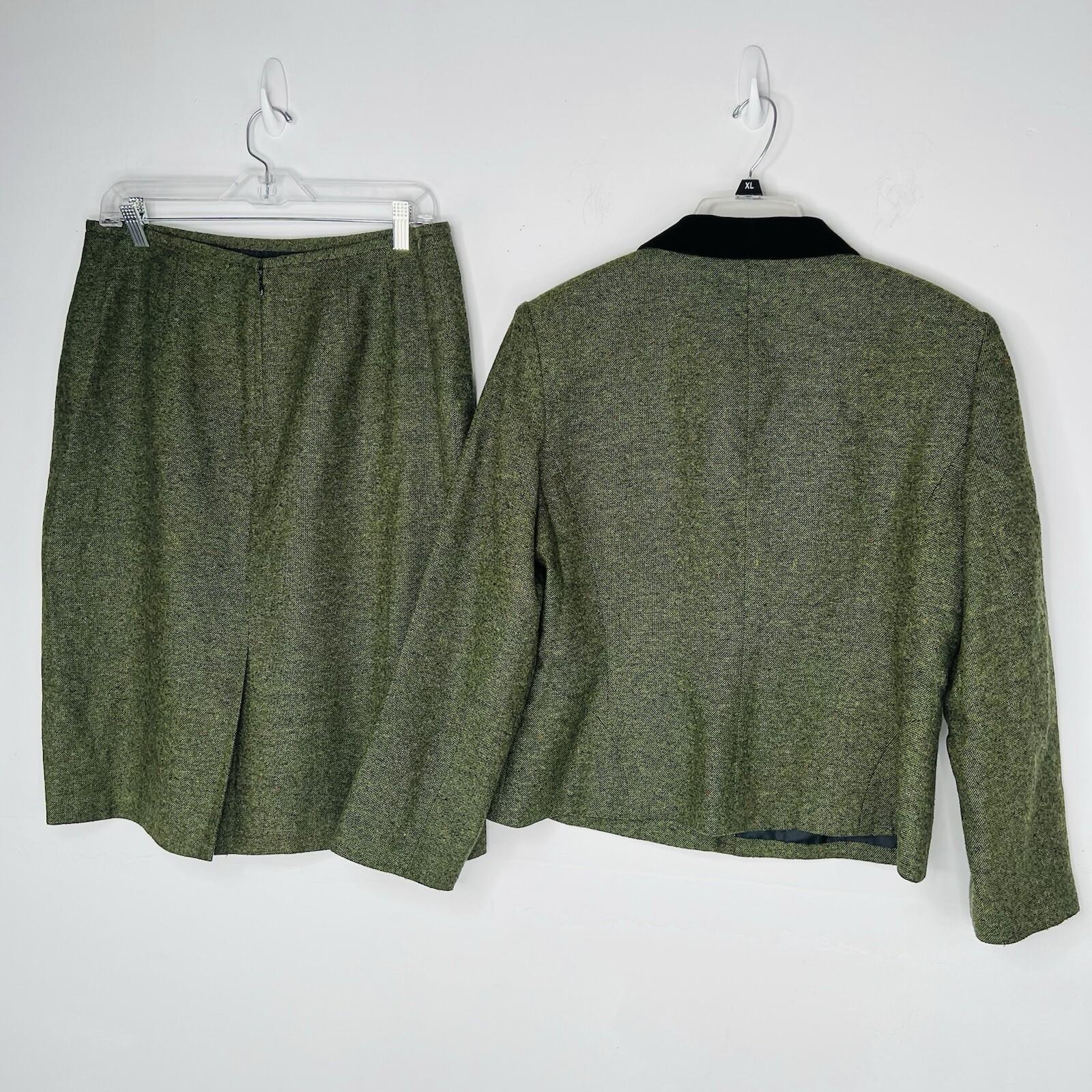 Le Suit Women Tweed Skirt Suit Size 14P Green Velvet Collar Lined Cocktail 2PC