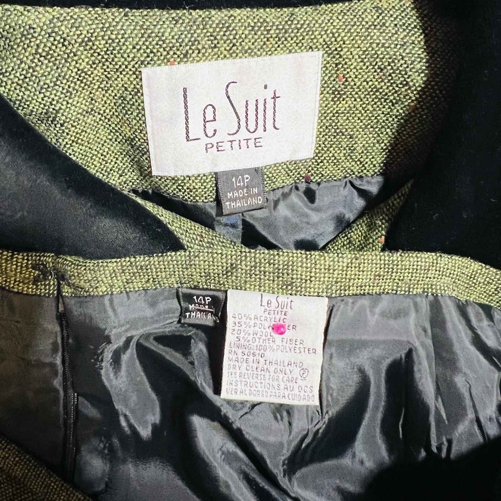 Le Suit Women Tweed Skirt Suit Size 14P Green Velvet Collar Lined Cocktail 2PC