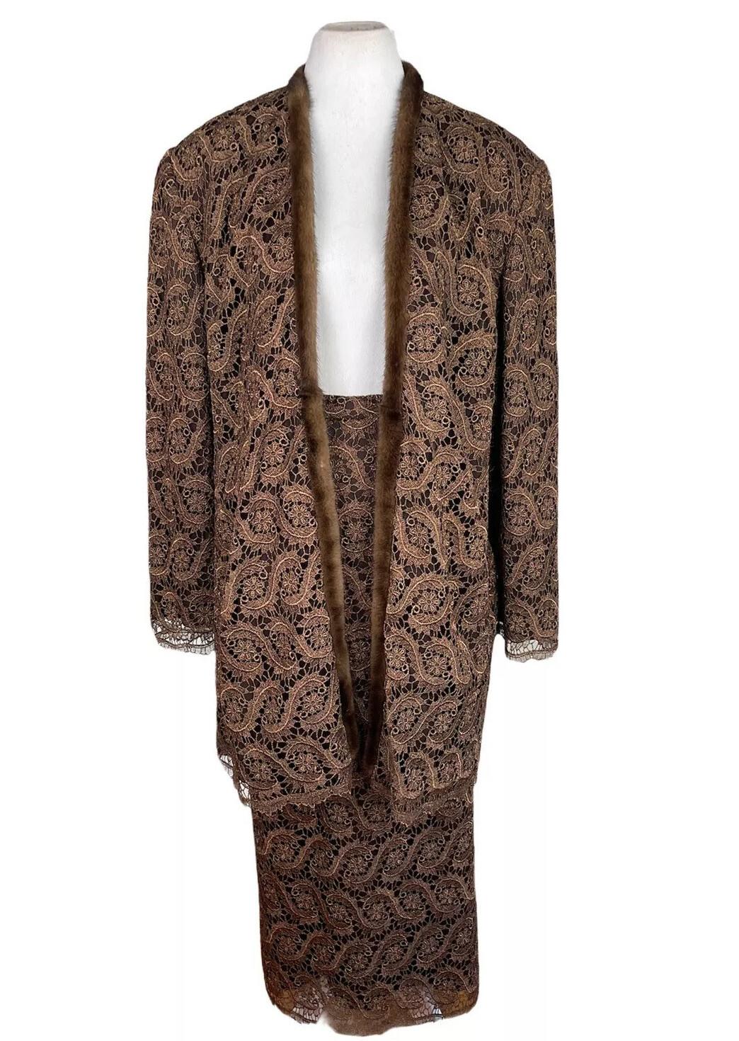 Lily &Taylor Sapphire Collection Metallic Lace Skirt Suit 22 Brown Open Front