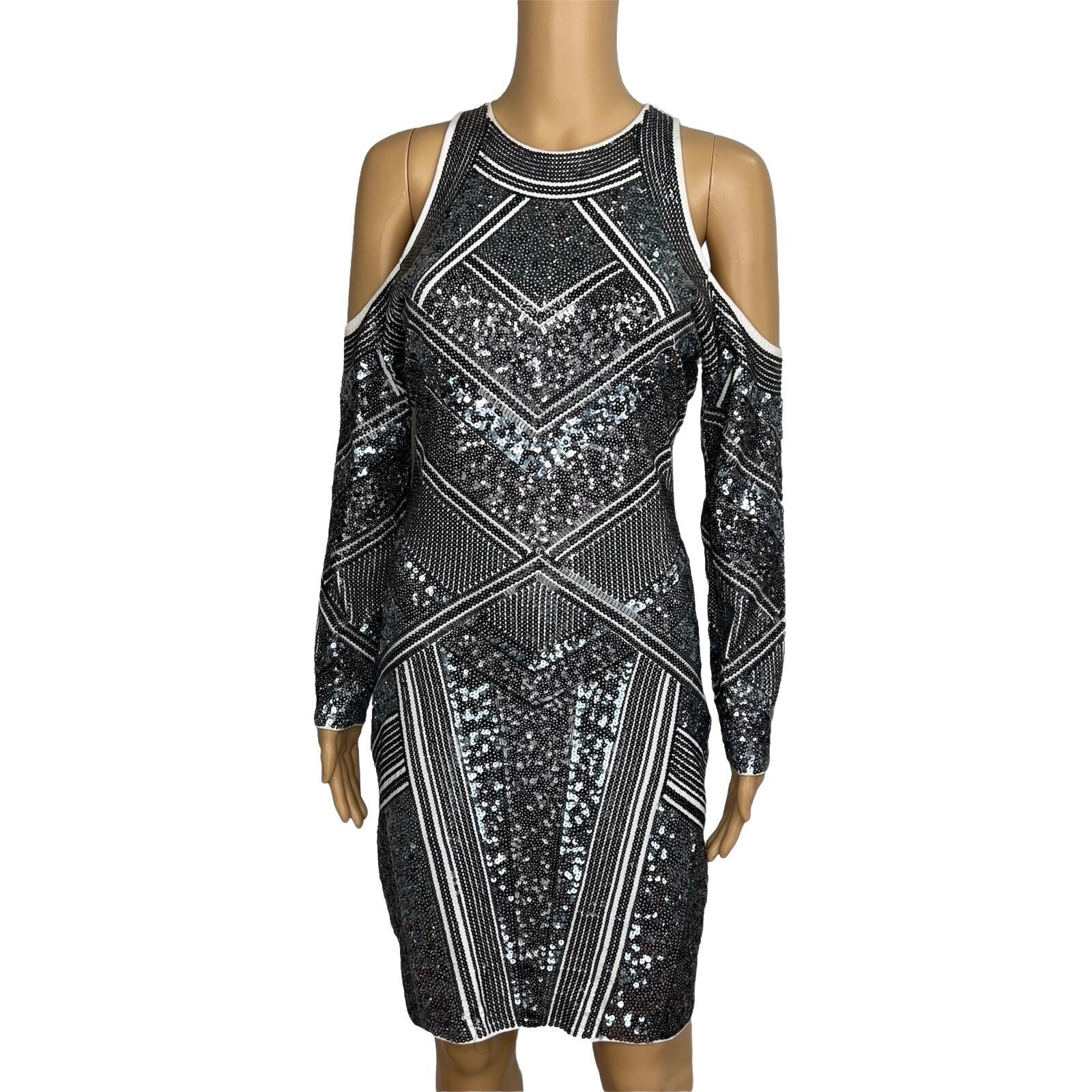 Express Sequin Cotton Stretch Dress Size M Silver Cold Shoulder Aztec Lined
