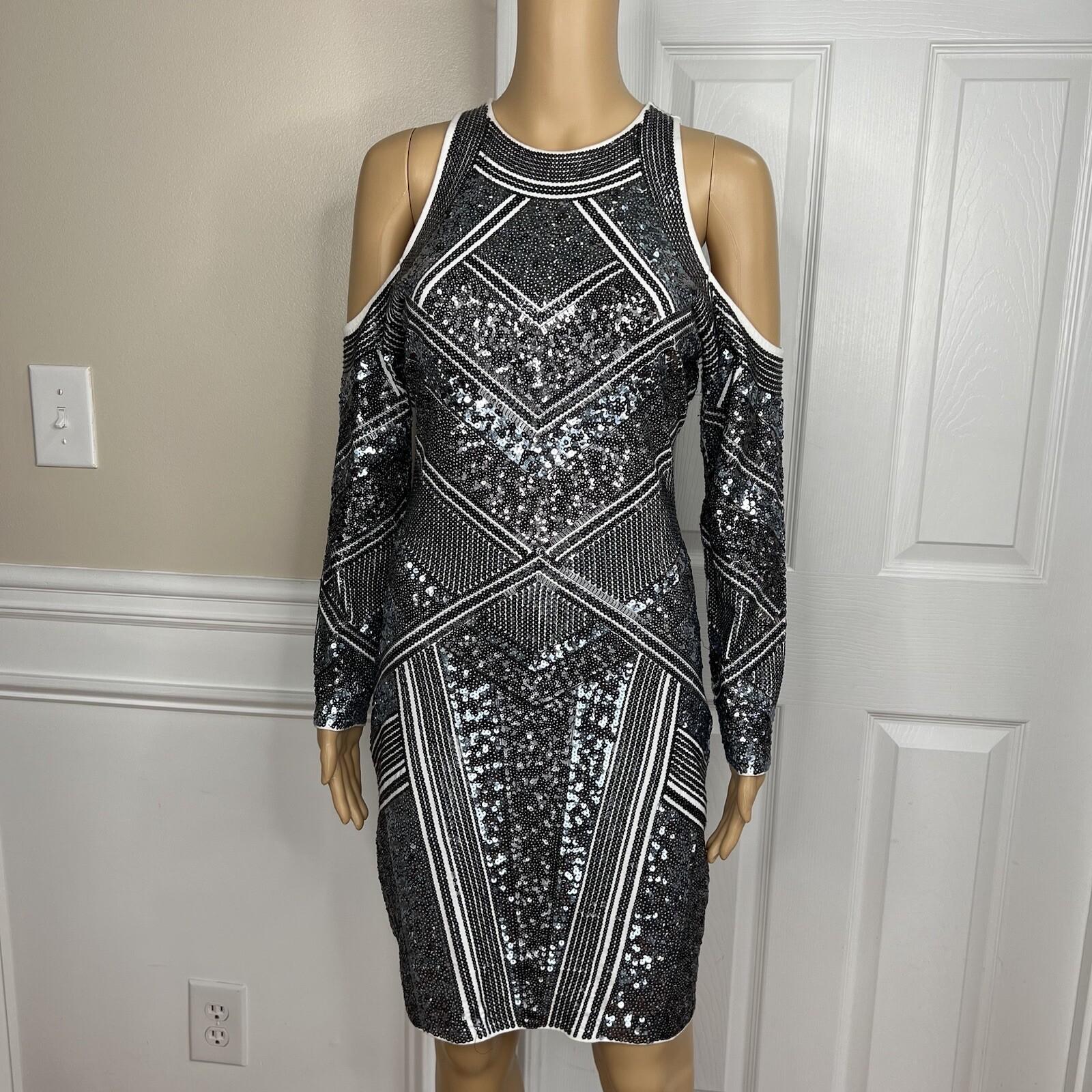 Express Sequin Cotton Stretch Dress Size M Silver Cold Shoulder Aztec Lined