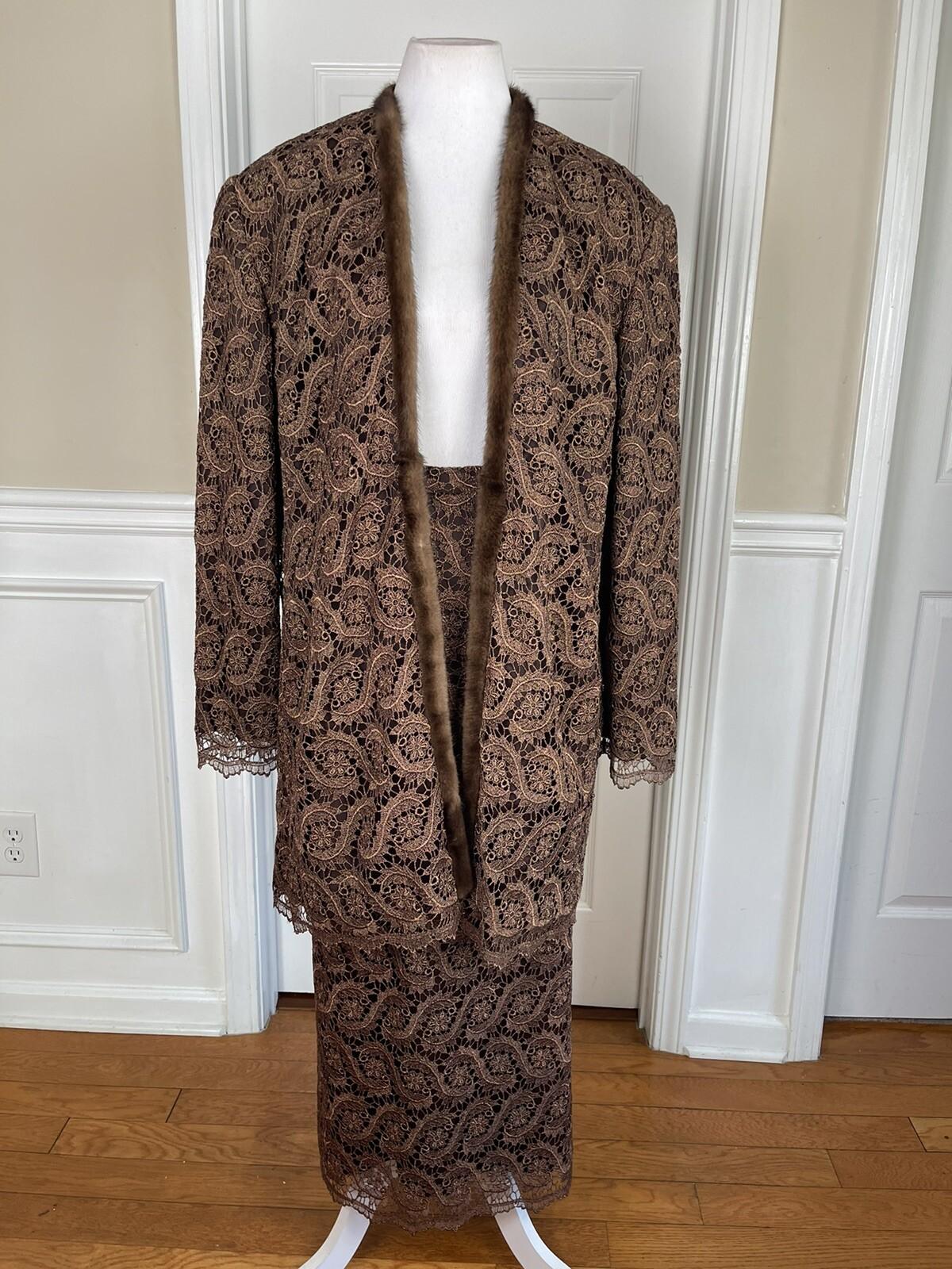Lily &Taylor Sapphire Collection Metallic Lace Skirt Suit 22 Brown Open Front