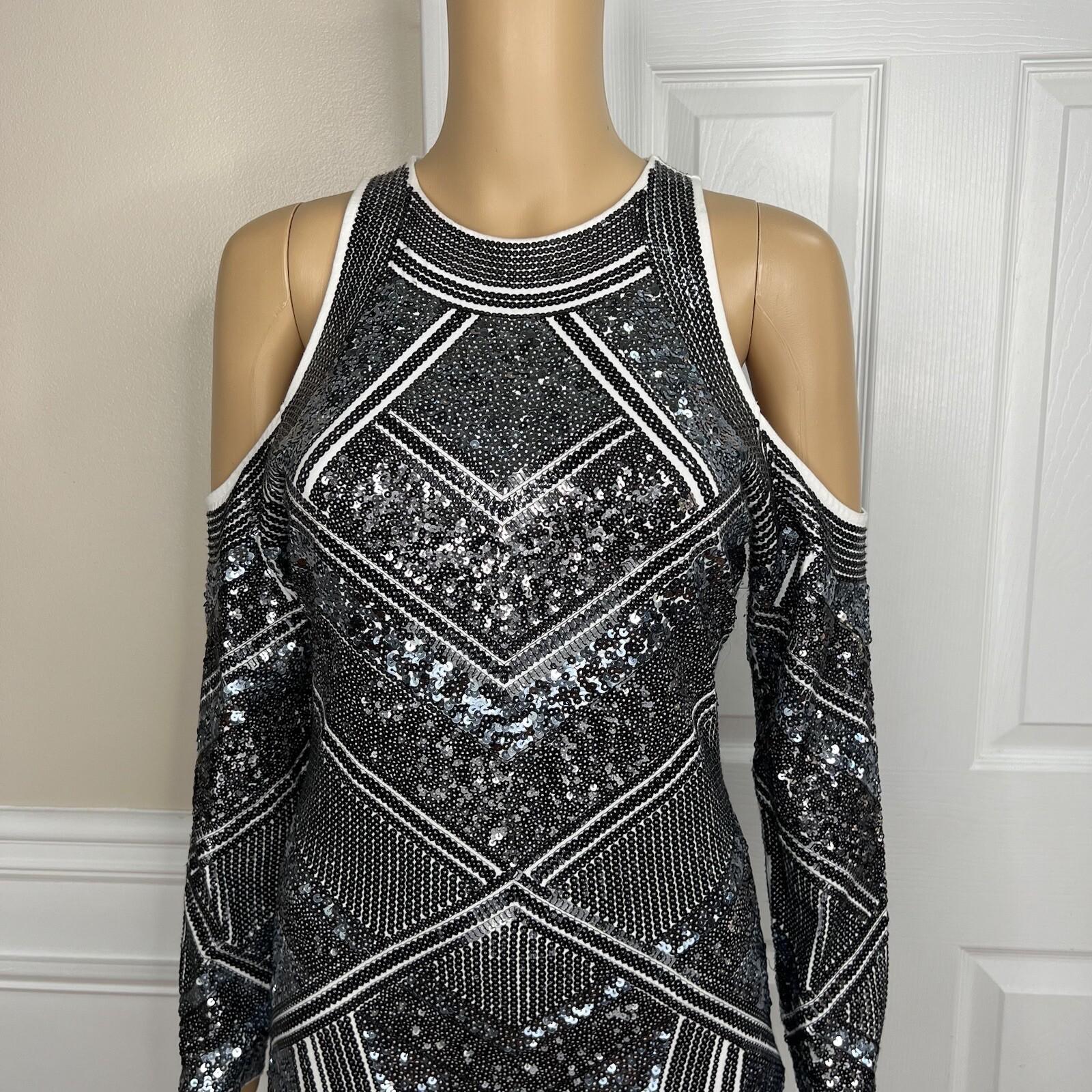 Express Sequin Cotton Stretch Dress Size M Silver Cold Shoulder Aztec Lined