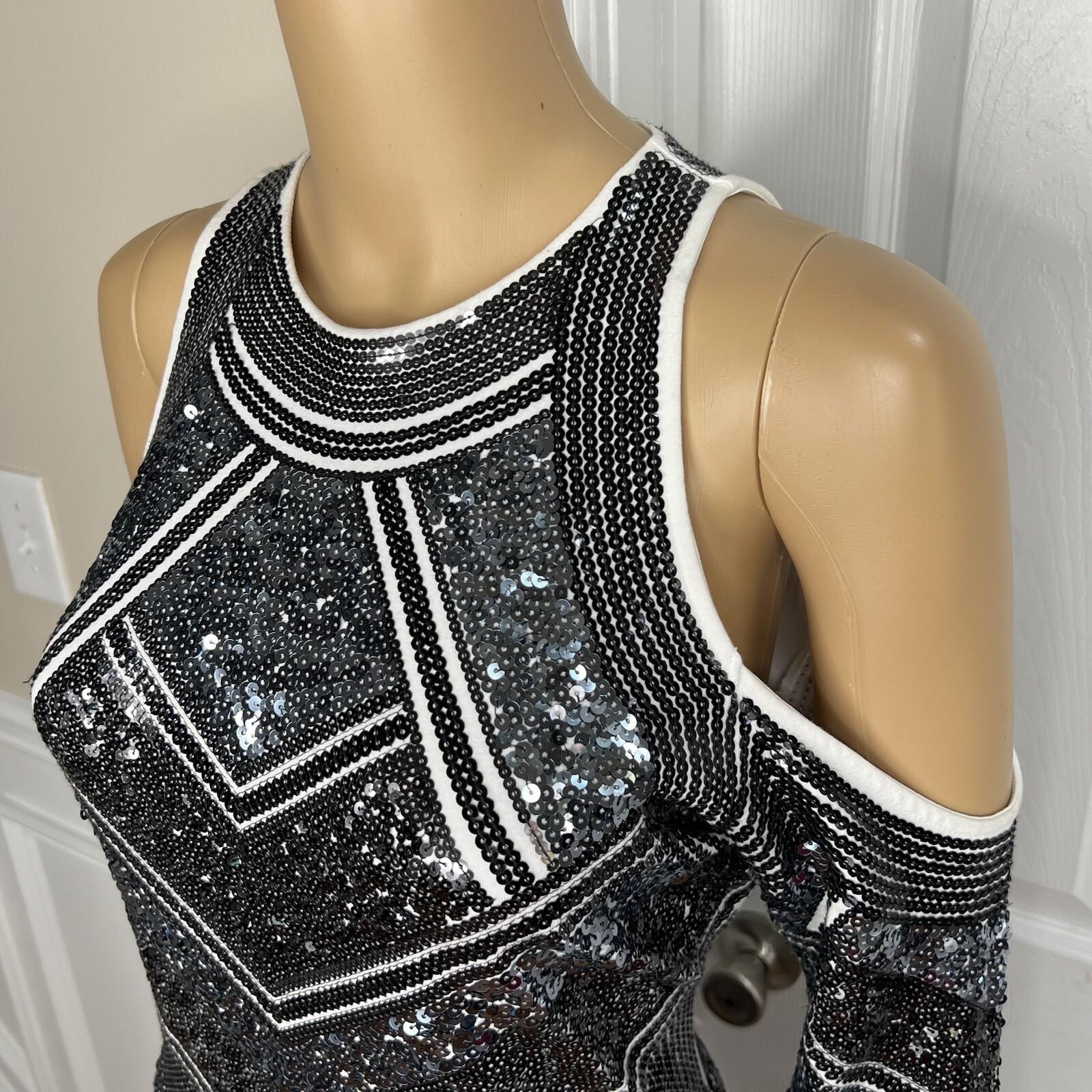 Express Sequin Cotton Stretch Dress Size M Silver Cold Shoulder Aztec Lined