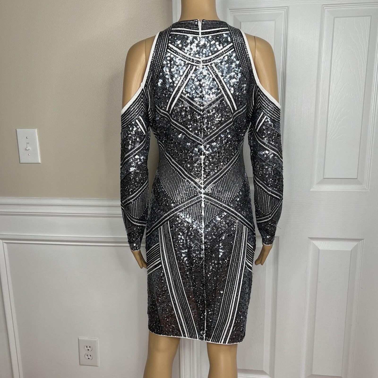 Express Sequin Cotton Stretch Dress Size M Silver Cold Shoulder Aztec Lined