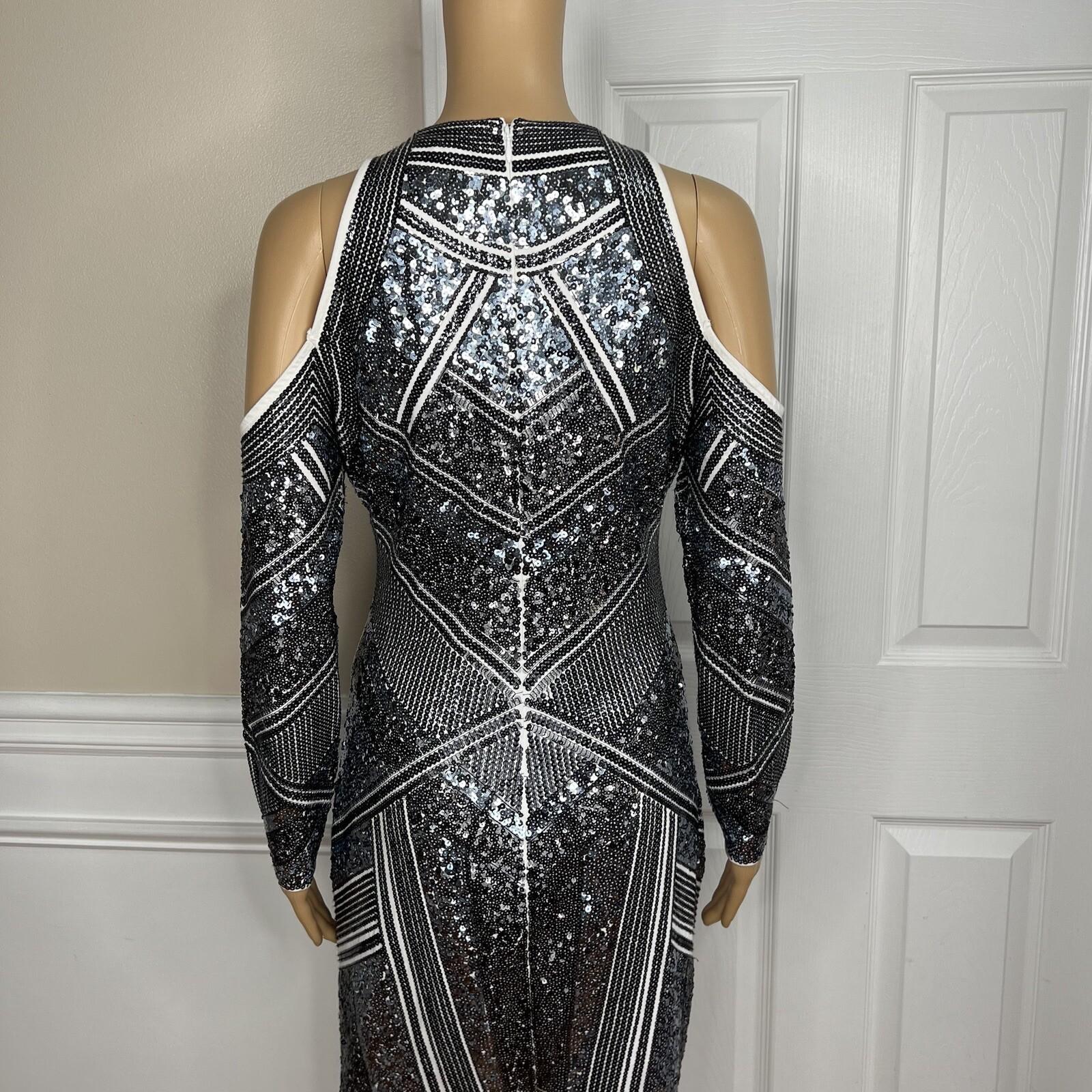 Express Sequin Cotton Stretch Dress Size M Silver Cold Shoulder Aztec Lined