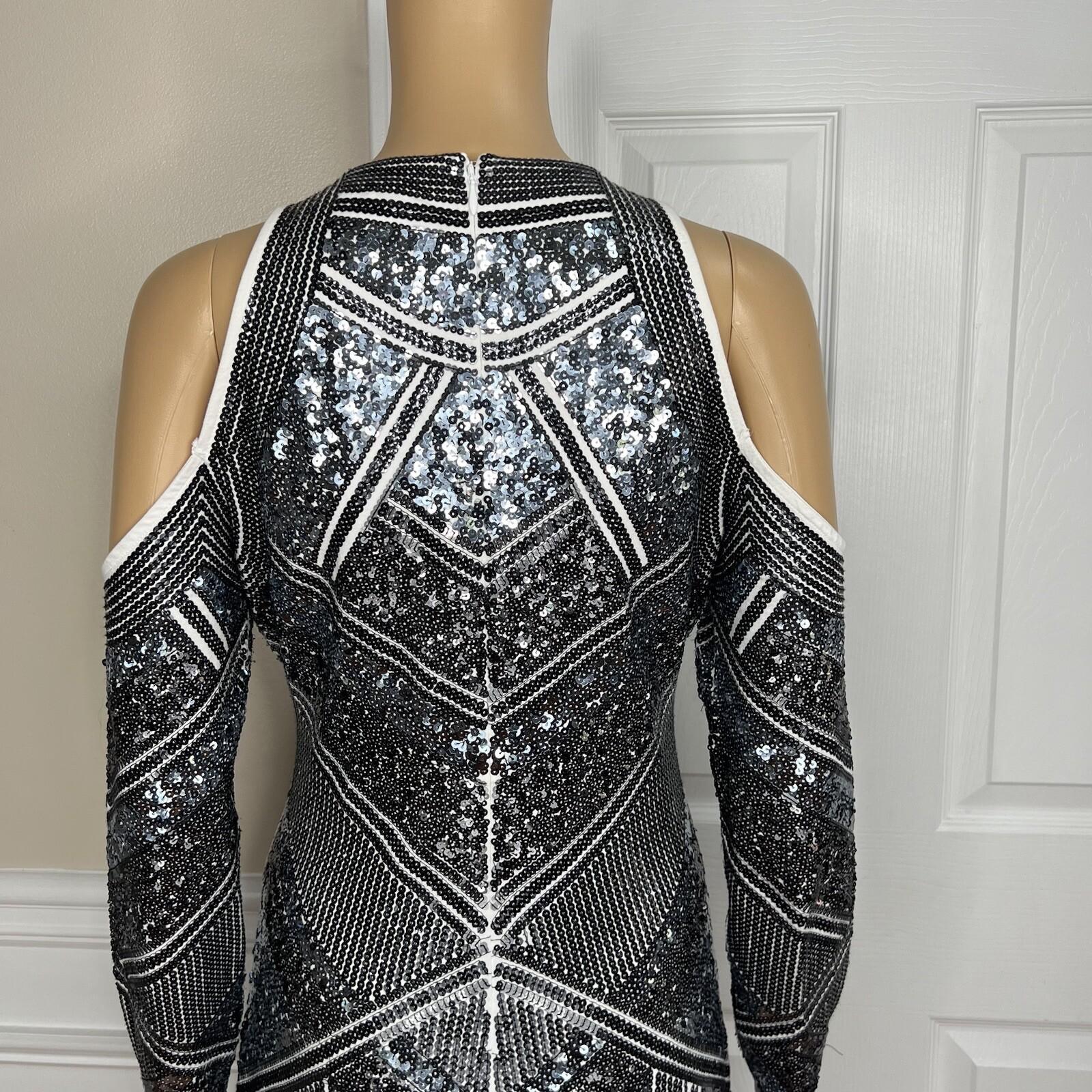 Express Sequin Cotton Stretch Dress Size M Silver Cold Shoulder Aztec Lined