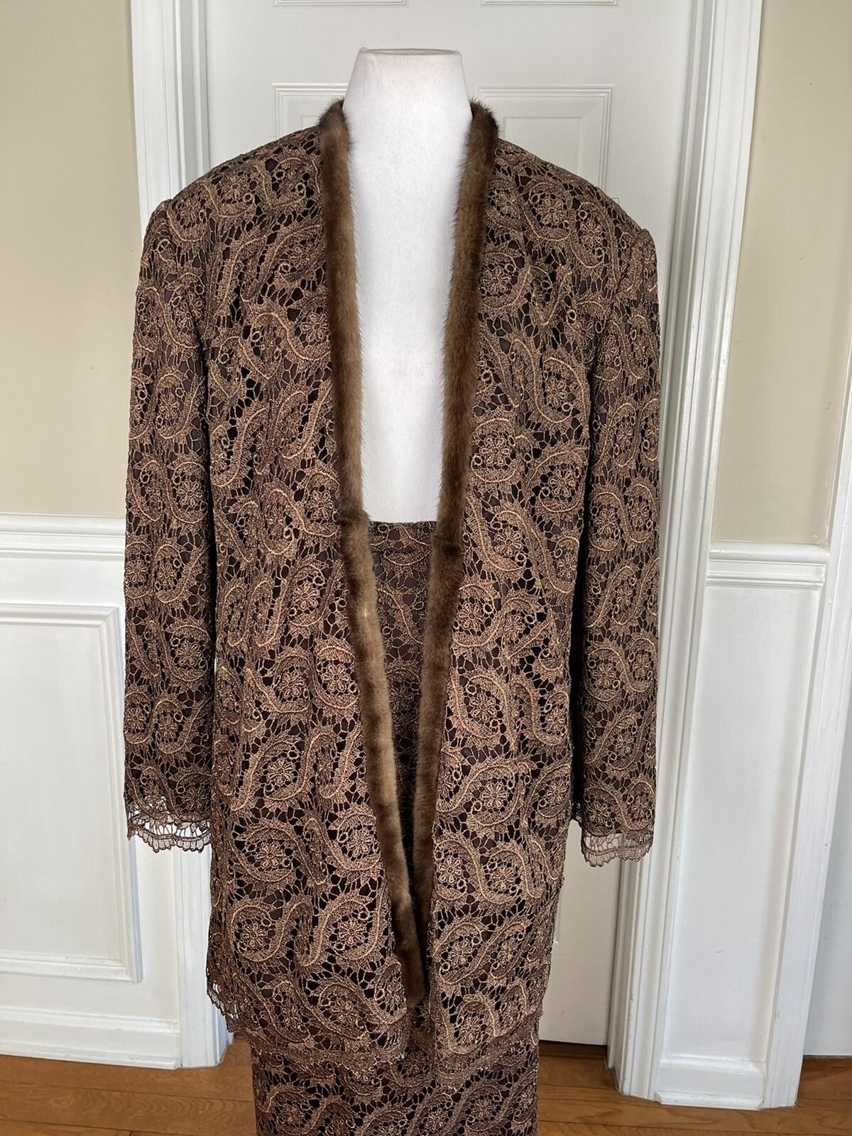 Lily &Taylor Sapphire Collection Metallic Lace Skirt Suit 22 Brown Open Front