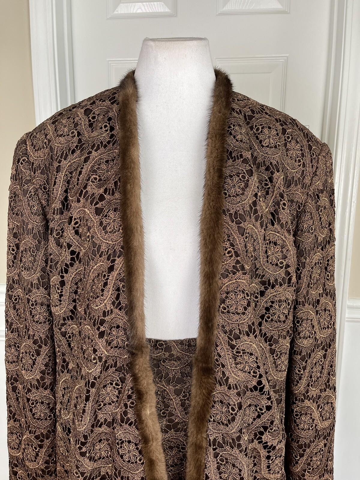 Lily &Taylor Sapphire Collection Metallic Lace Skirt Suit 22 Brown Open Front