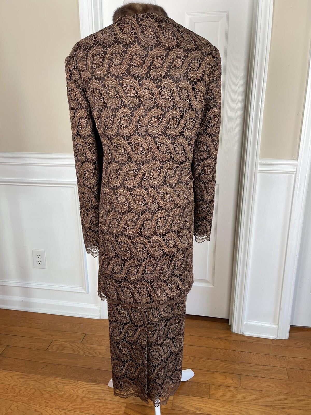 Lily &Taylor Sapphire Collection Metallic Lace Skirt Suit 22 Brown Open Front