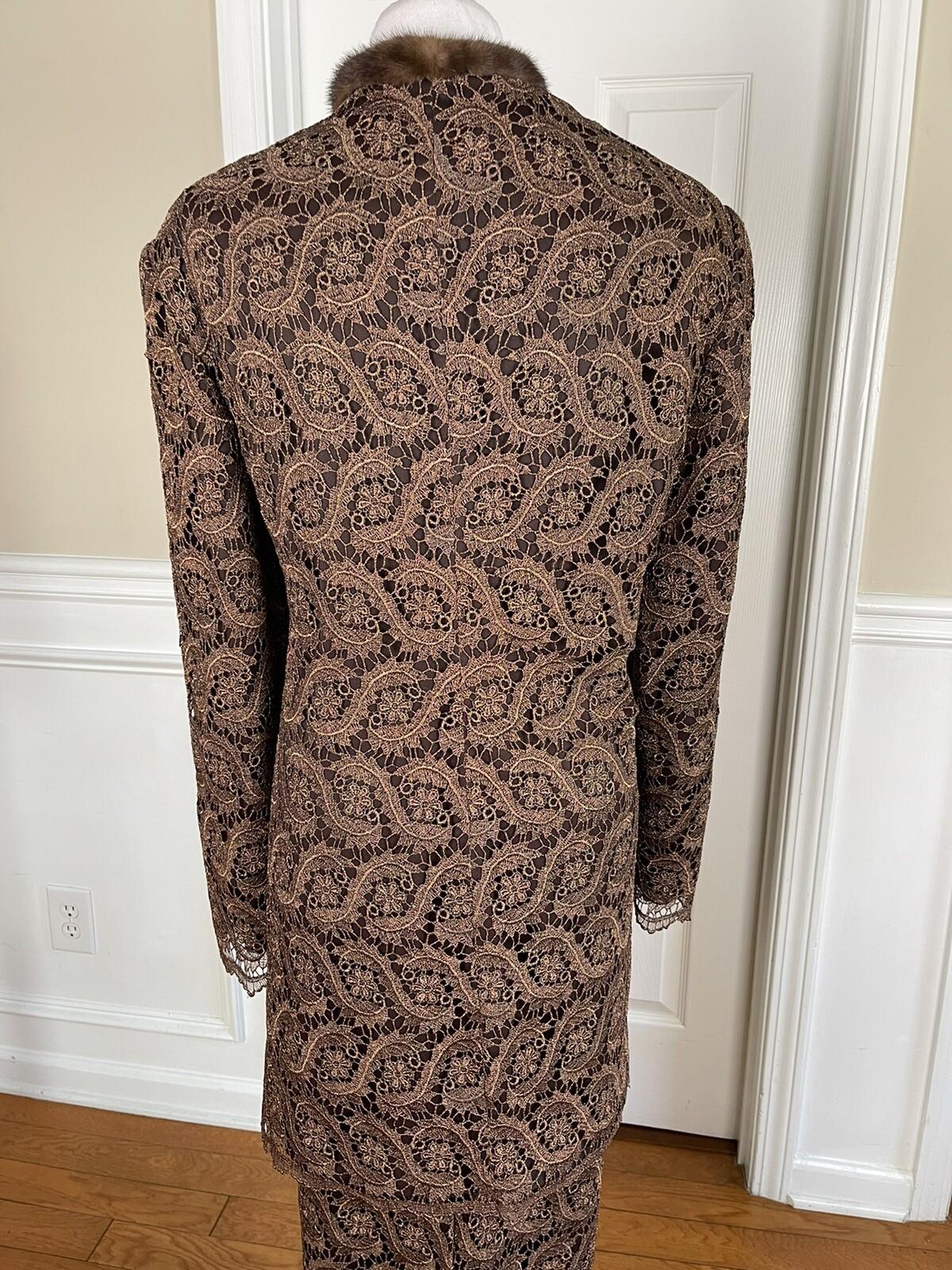 Lily &Taylor Sapphire Collection Metallic Lace Skirt Suit 22 Brown Open Front