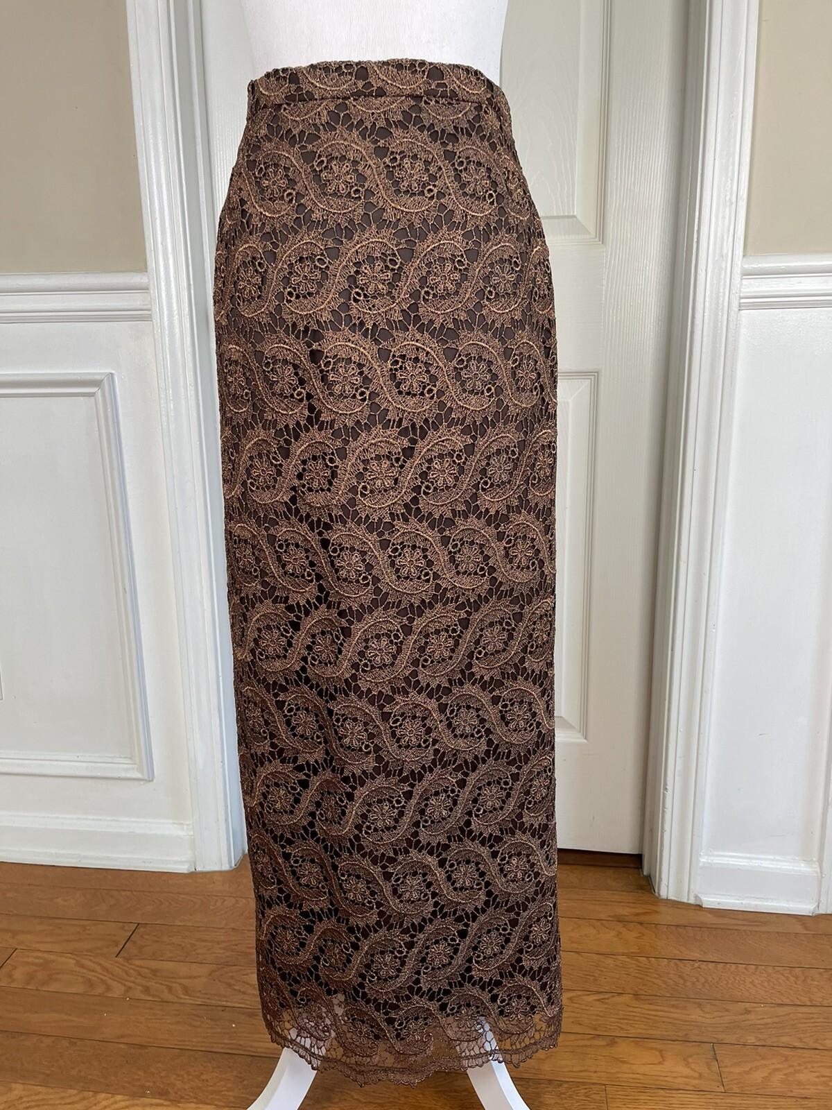 Lily &Taylor Sapphire Collection Metallic Lace Skirt Suit 22 Brown Open Front