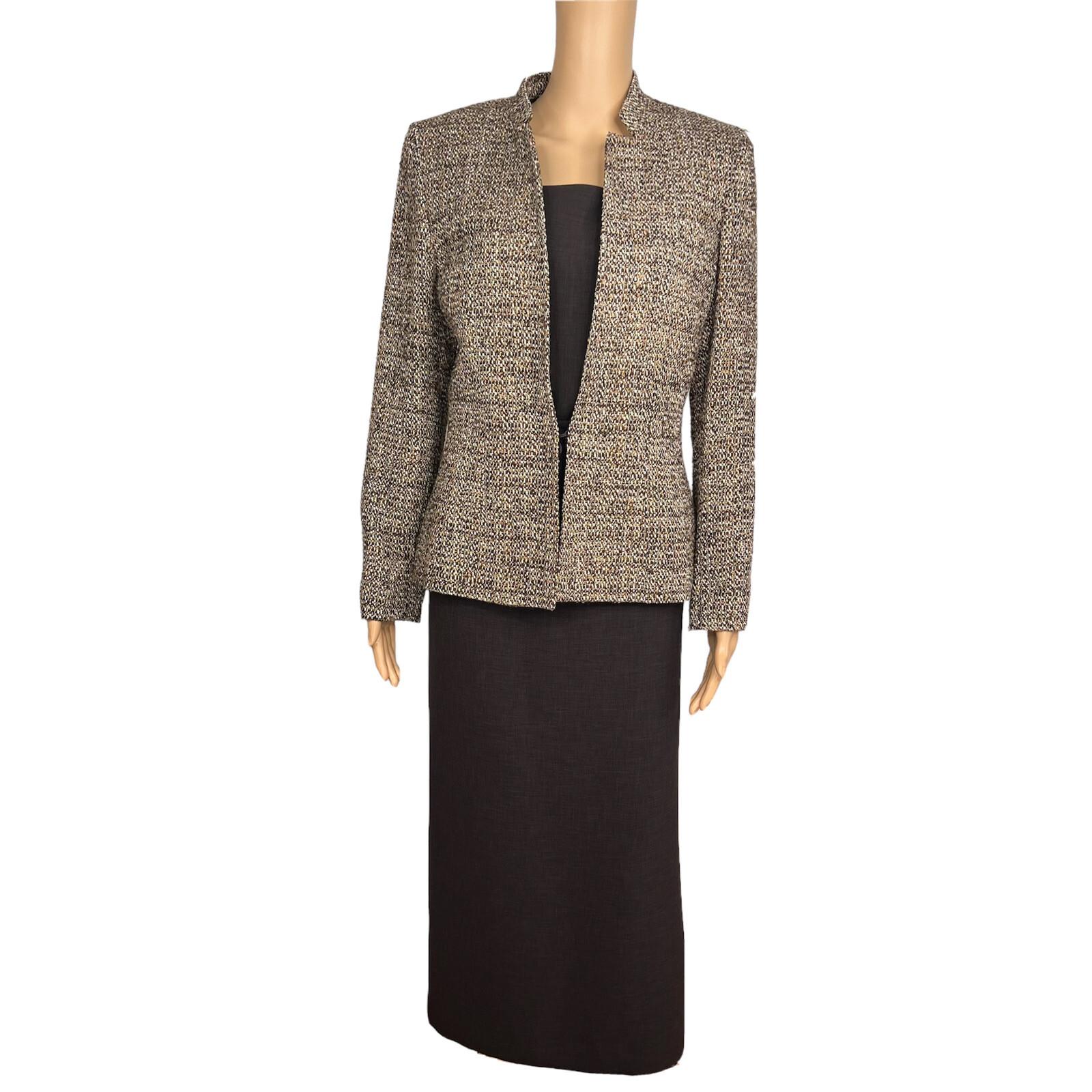 KASPER 3PC Brown Gold Beige Tweed Polyester Lined Cocktail Skirt Suit Top Size 6