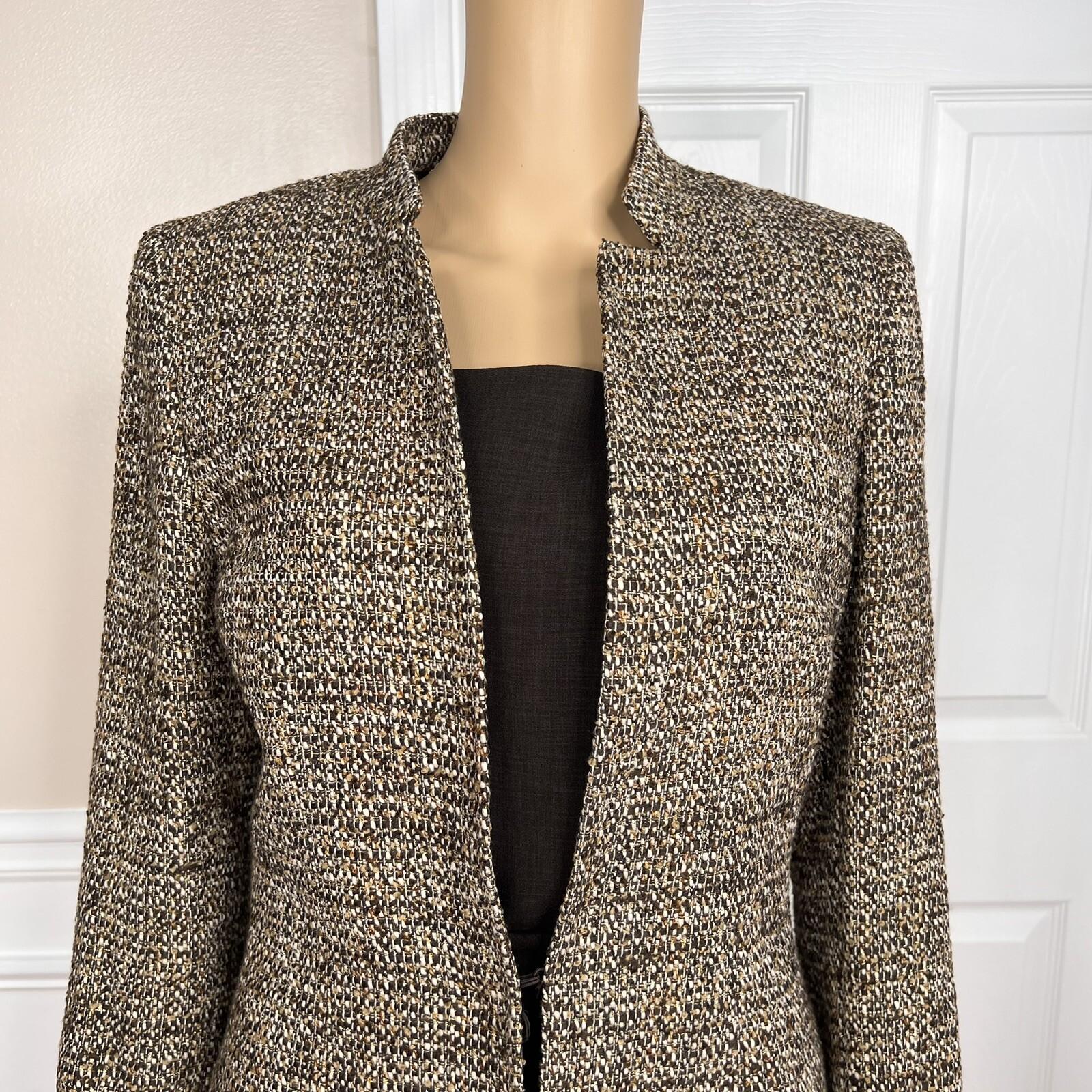 KASPER 3PC Brown Gold Beige Tweed Polyester Lined Cocktail Skirt Suit Top Size 6