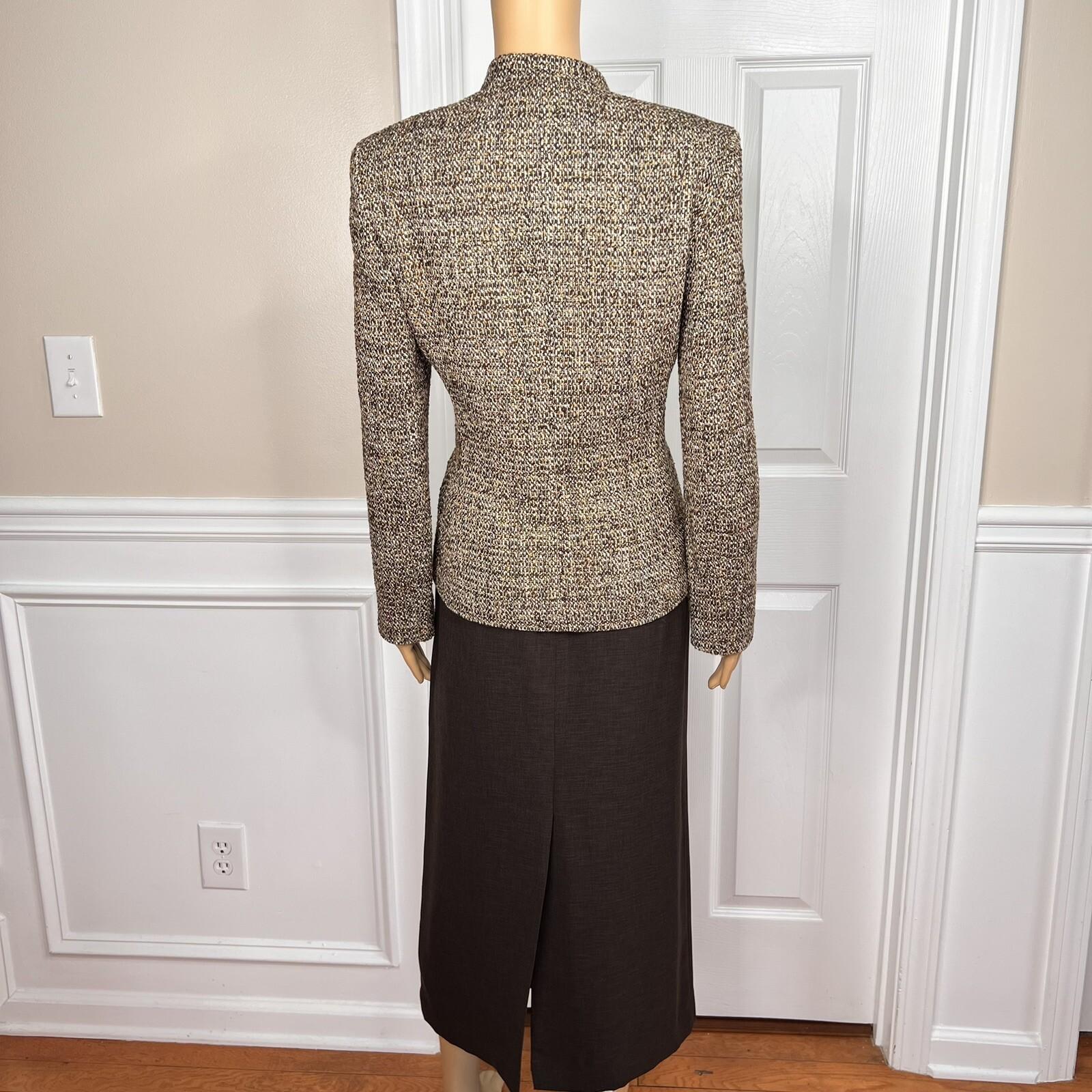 KASPER 3PC Brown Gold Beige Tweed Polyester Lined Cocktail Skirt Suit Top Size 6
