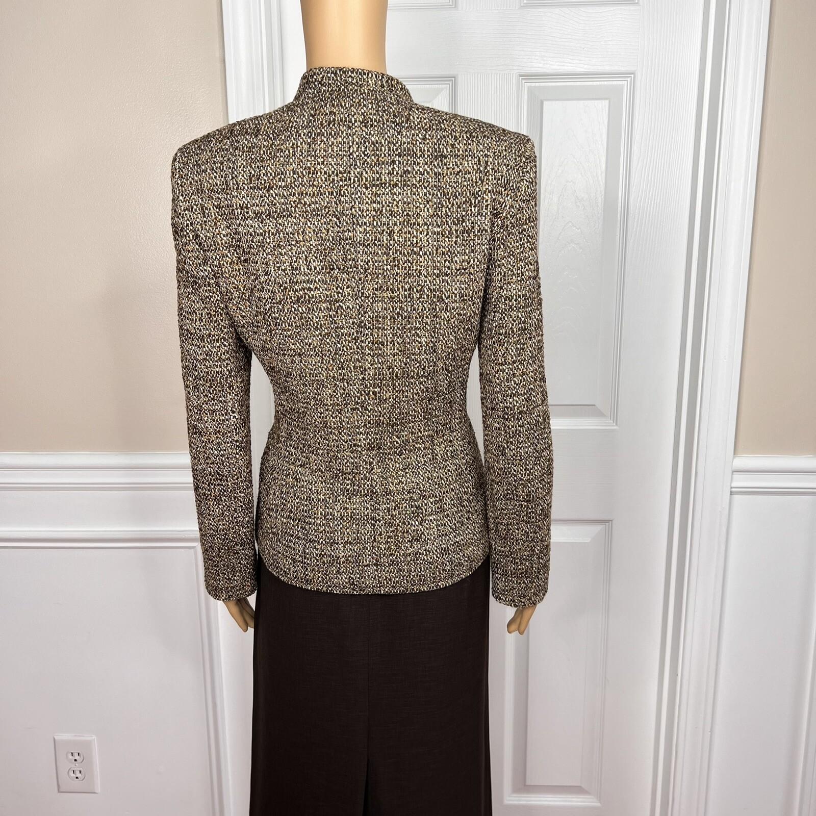 KASPER 3PC Brown Gold Beige Tweed Polyester Lined Cocktail Skirt Suit Top Size 6