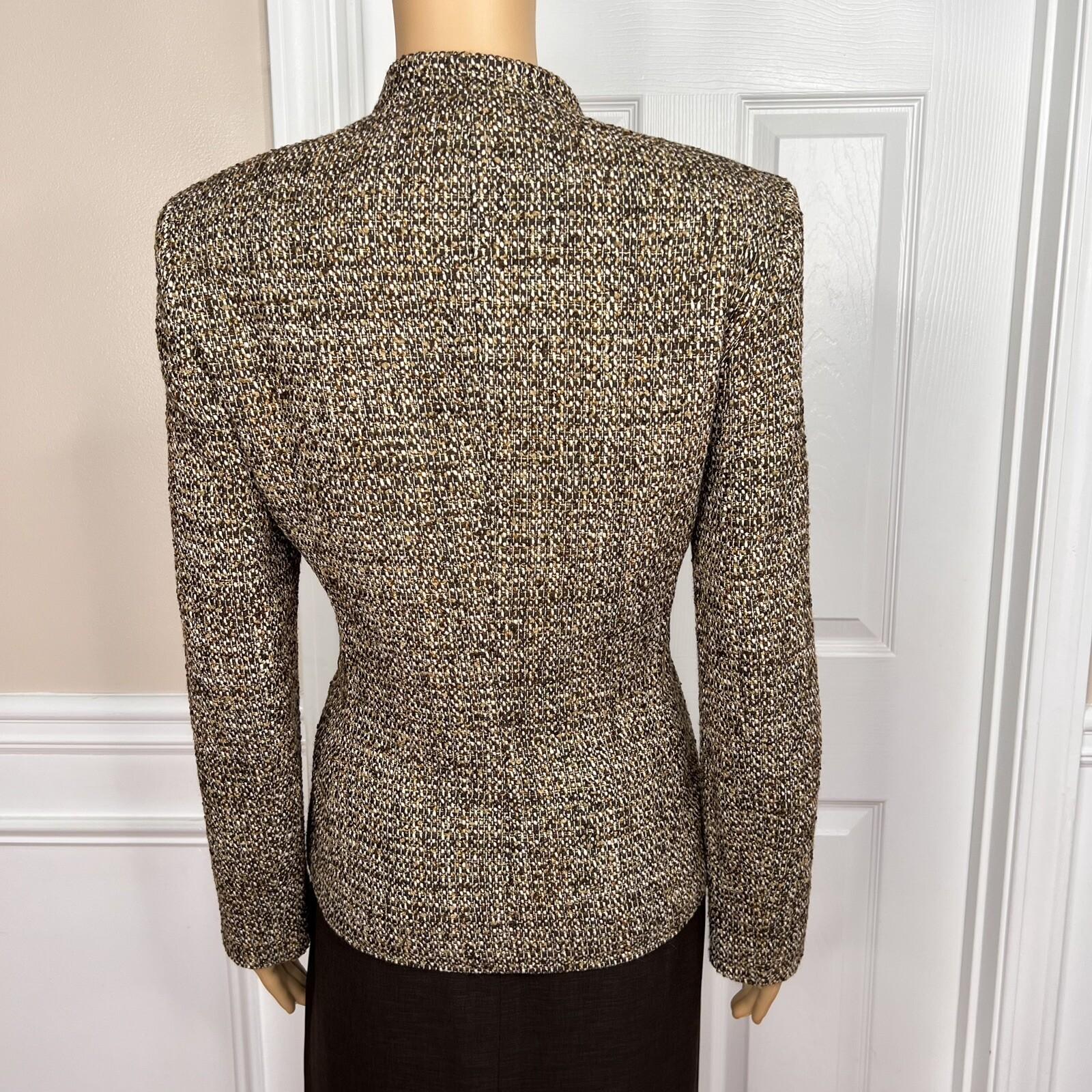 KASPER 3PC Brown Gold Beige Tweed Polyester Lined Cocktail Skirt Suit Top Size 6