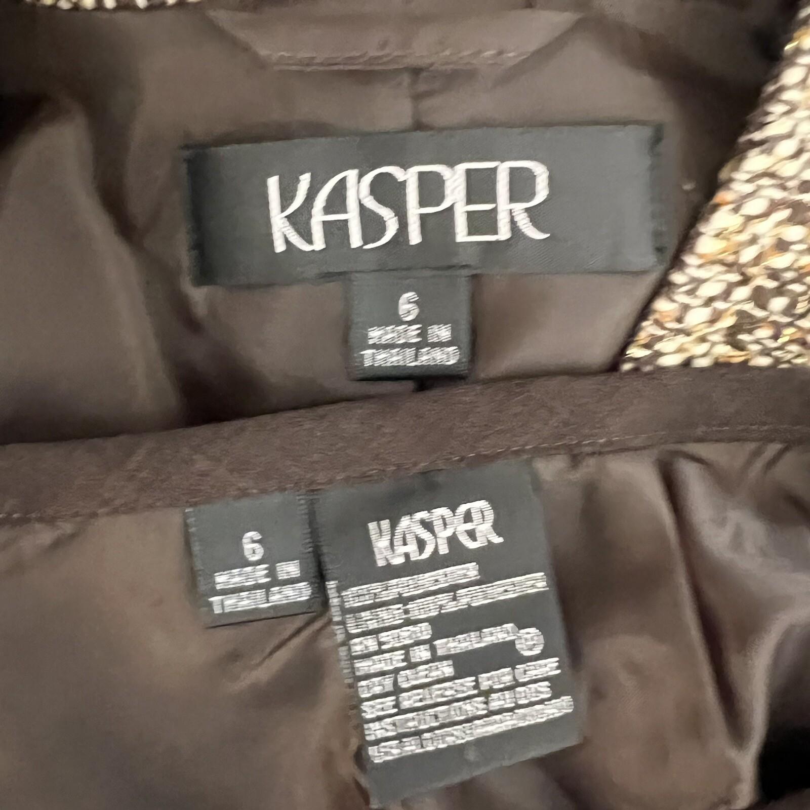 KASPER 3PC Brown Gold Beige Tweed Polyester Lined Cocktail Skirt Suit Top Size 6