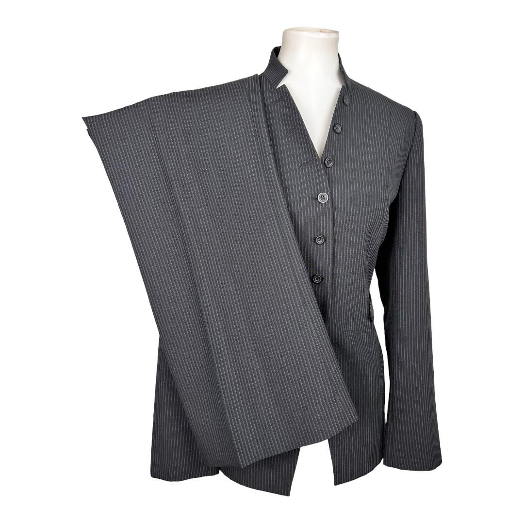 New EMILY 2PC Black Striped Polyester Viscose Stand Up Collar Pant Suit Size 8
