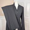 New EMILY 2PC Black Striped Polyester Viscose Stand Up Collar Pant Suit Size 8