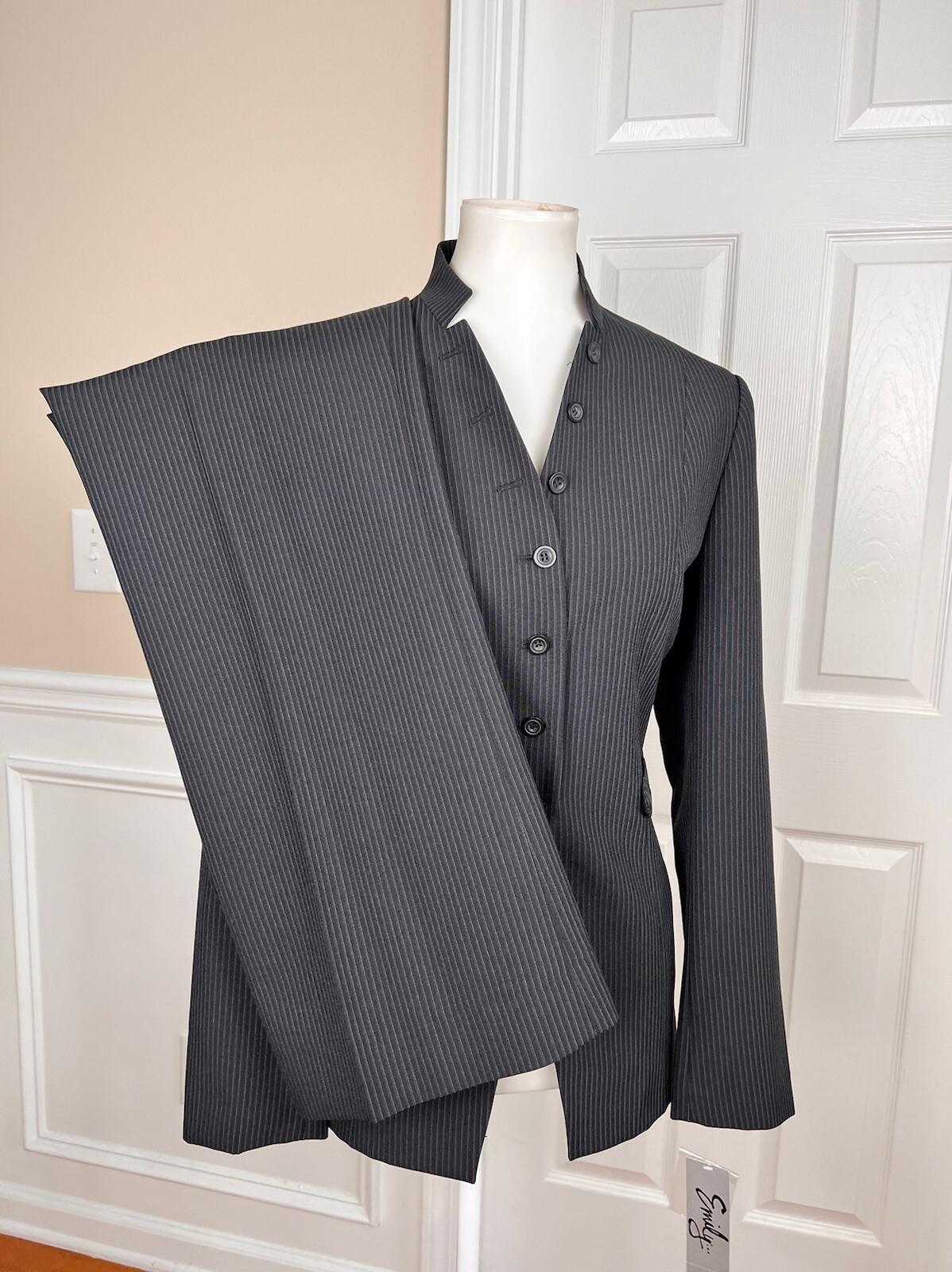 New EMILY 2PC Black Striped Polyester Viscose Stand Up Collar Pant Suit Size 8
