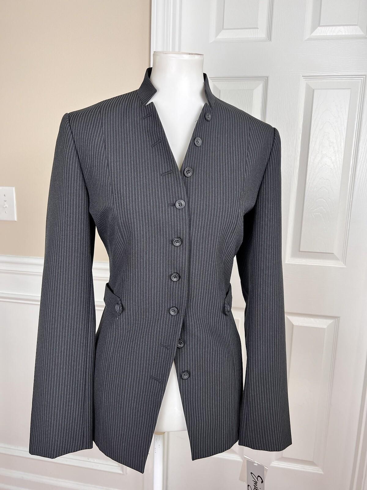 New EMILY 2PC Black Striped Polyester Viscose Stand Up Collar Pant Suit Size 8